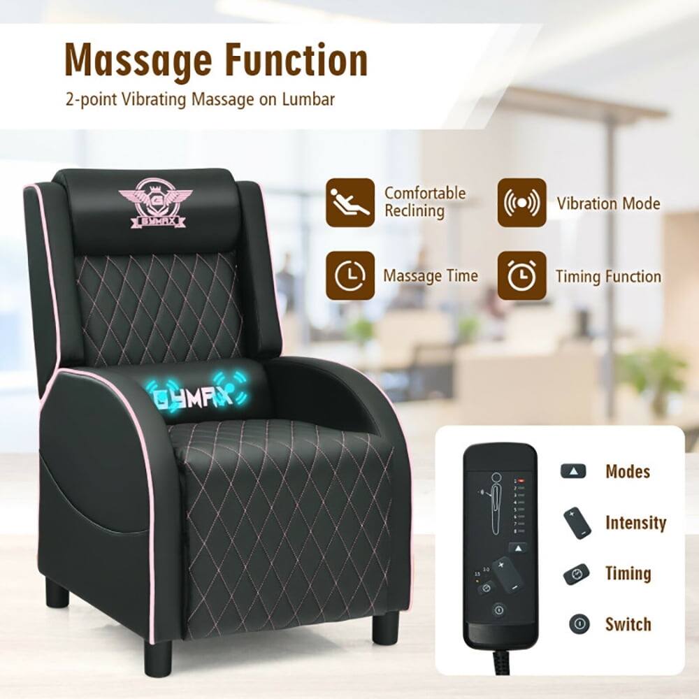 Massage Function  
2-point Vibrating Massage on Lumbar  

Comfortable Reclining  
Vibration Mode  
Massage Time  
Timing Function  

Modes  
Intensity  
Timing  
Switch