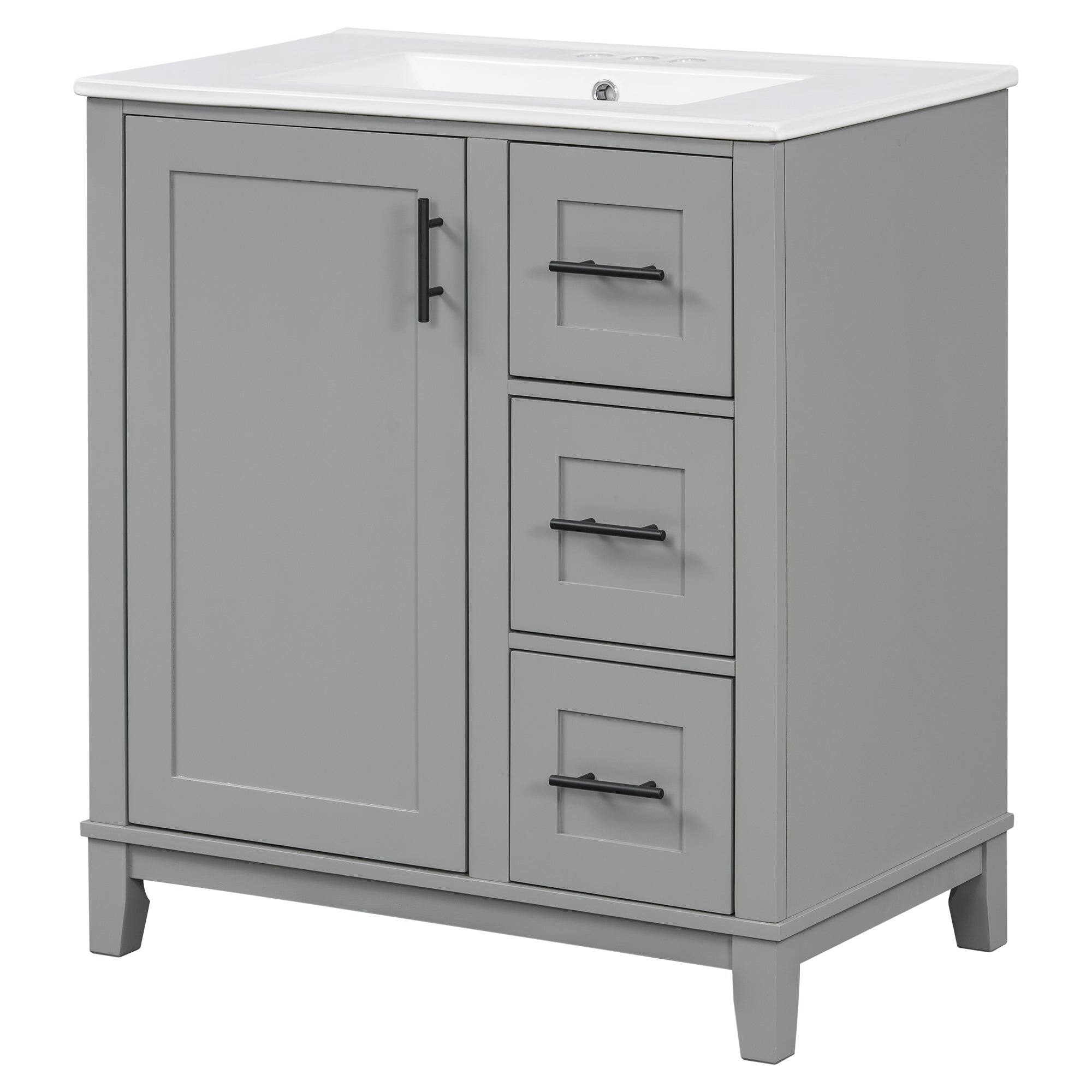 Angle. Boyel Living - 30 Inch Modern Grey Bathroom Vanity with Ceramic Sink Solid Wood Frame and Soft Close Storage - Gray.
