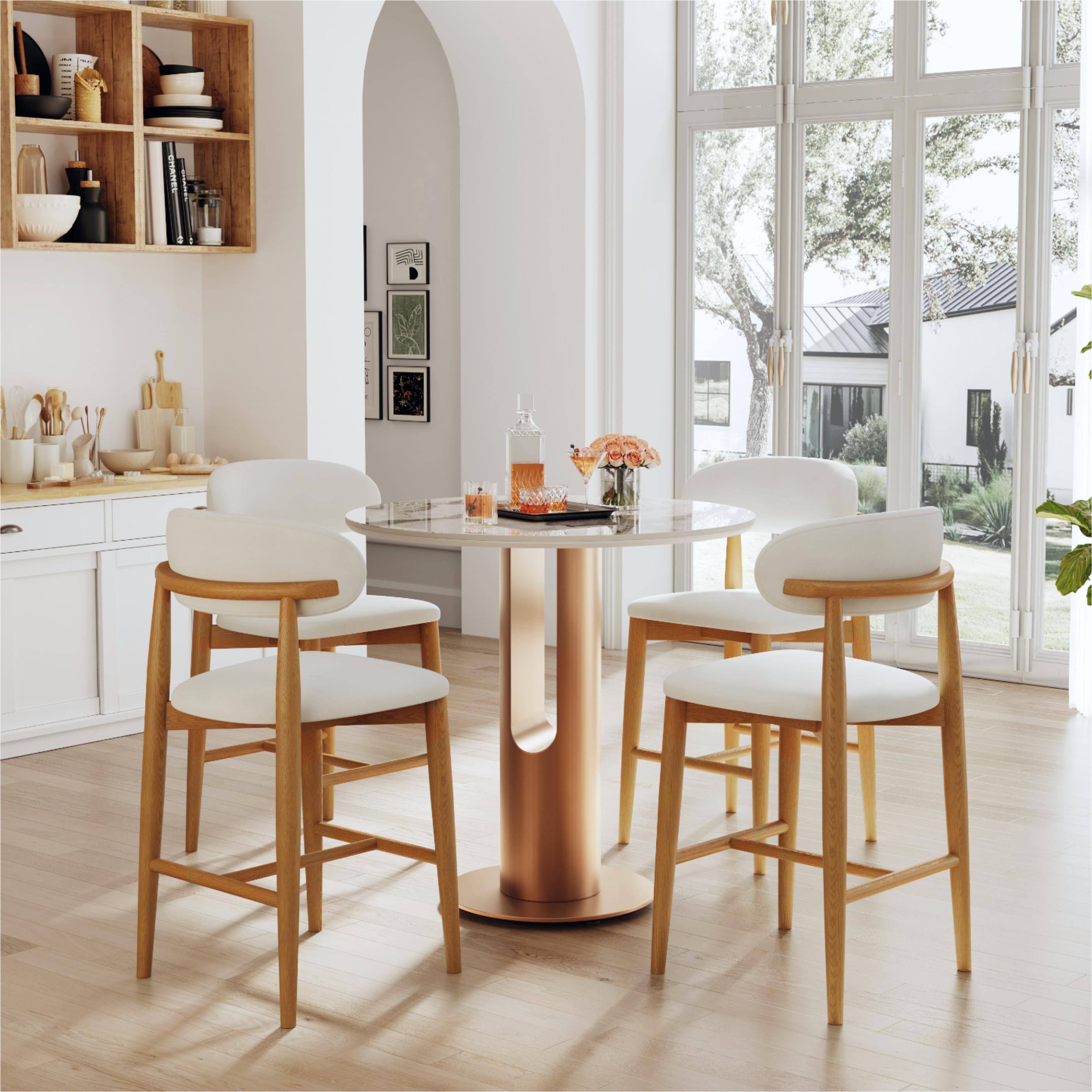 Left. POVISON - 24" Modern Upholstered Counter Height Bar Stools Set of 2, Counter Stools for Breakfast Nook, Beige & Golden - Beige & Light Walnut PU Leather.