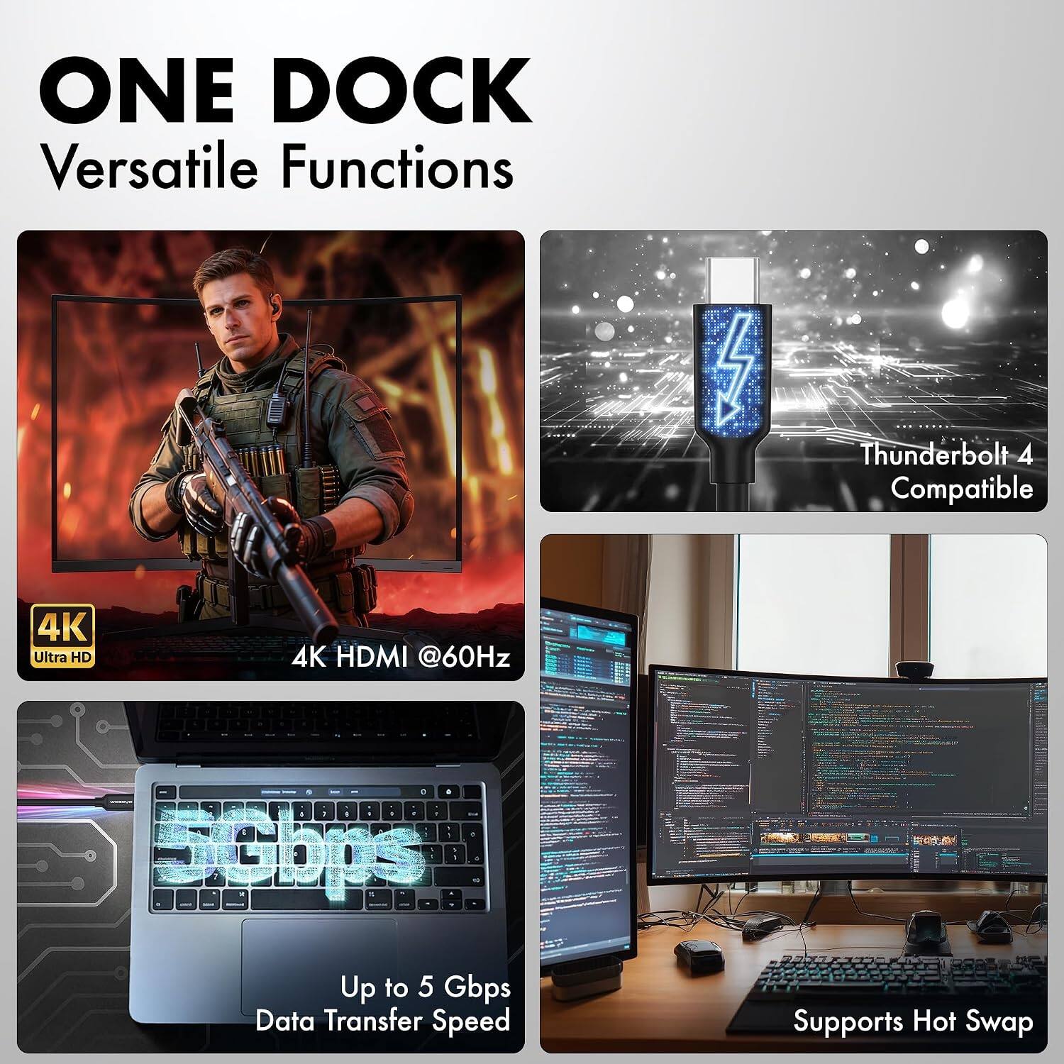 ONE DOCK  
Versatile Functions

- Thunderbolt 4 Compatible
- 4K Ultra HD
- 4K HDMI @60Hz
- Up to 5 Gbps Data Transfer Speed
- Supports Hot Swap