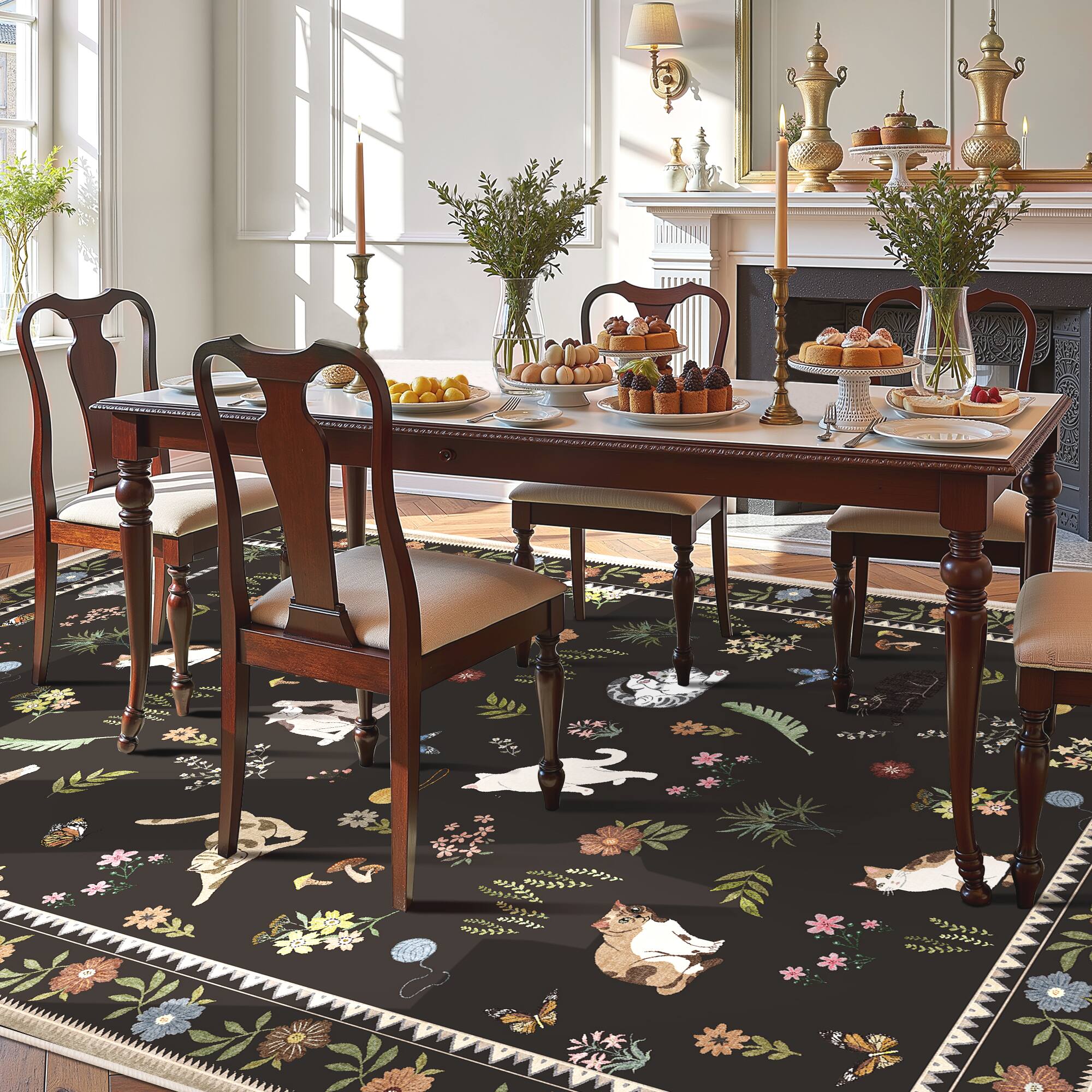 Alt View 3. KERDOM - Cat Illustration 6x9 ft Bedroom Rug, Large Kitten Floor Mat for Dinning Room, Low Pile Washable Area Carpet Animal Throw - Black.