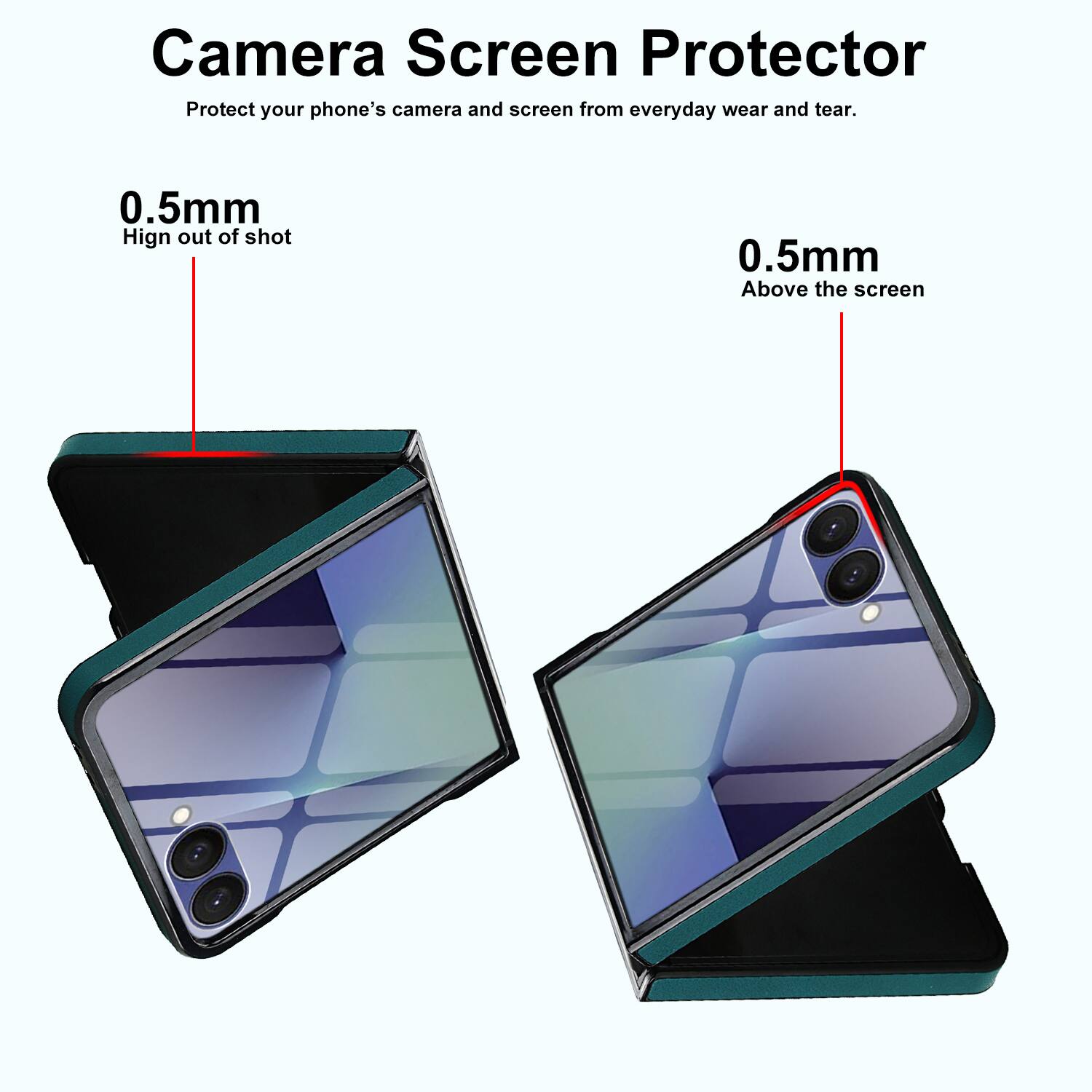 Camera Screen Protector  
Protect your phone's camera and screen from everyday wear and tear.  

0.5mm  
Hign out of shot  

0.5mm  
Above the screen