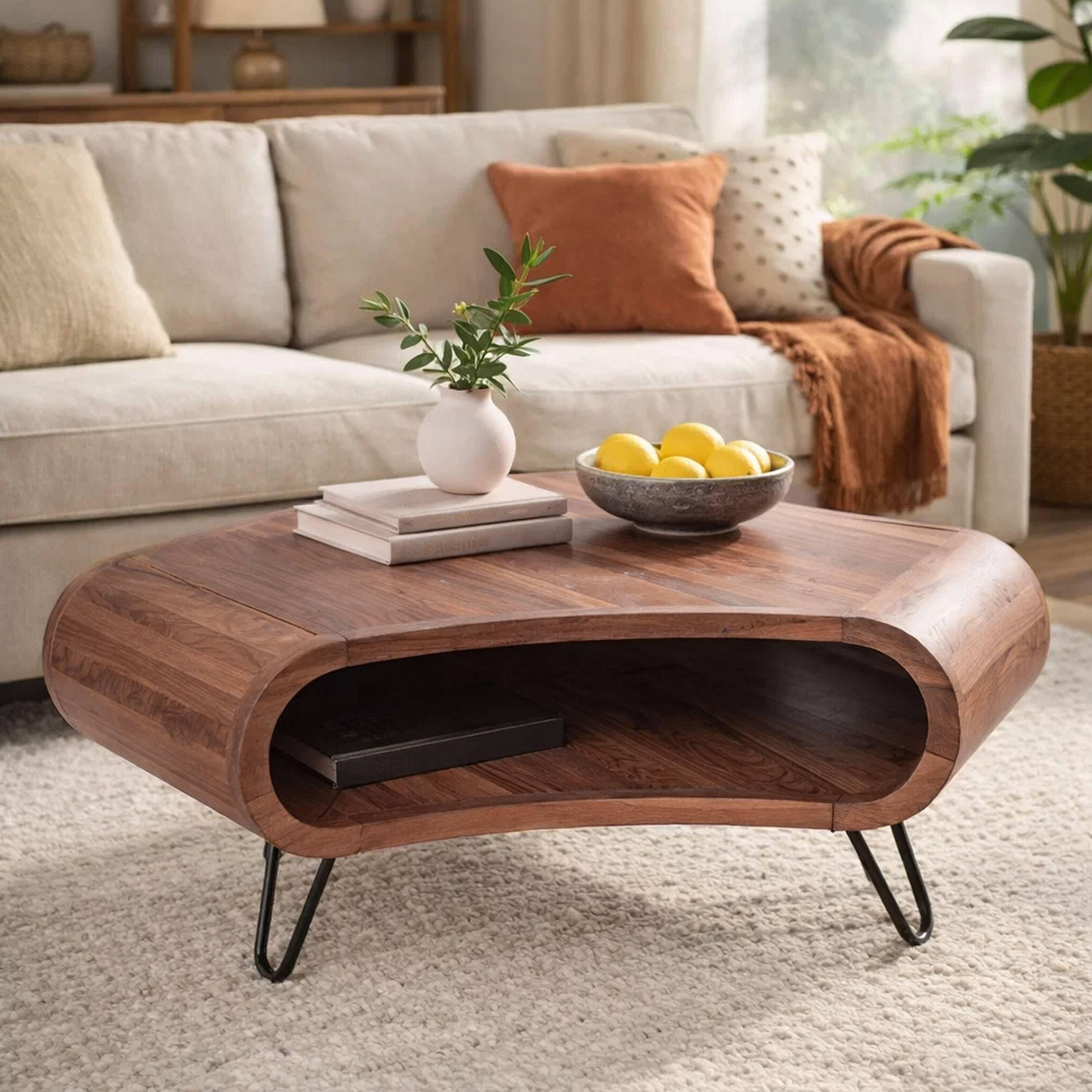Alt View 8. Manhattan Lane - 37 Inch Coffee Table, Handcrafted Curved Hexagon Shape with Open Shelf, Natural Brown Acacia Wood, Iron Legs - Brown, Black.