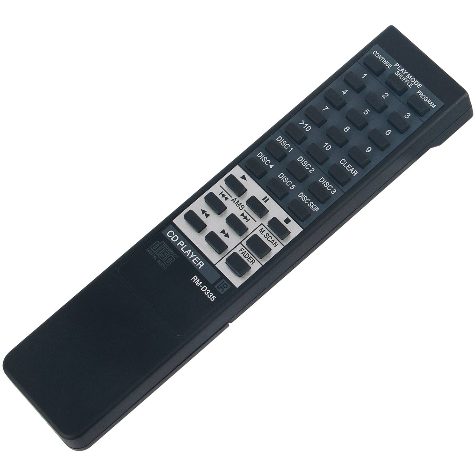 CONTINUE PLAY  
SHUFFLE MODE  
PROGRAM  

1 2 3  
4 5 6  
7 8 9  
>10  

DISC1 DISC2 DISC3  
DISC4 DISC5  

CLEAR  

CD M.SCAN DIGITAL DISC AUDIO PLAYER  
FADER  

RM-D335