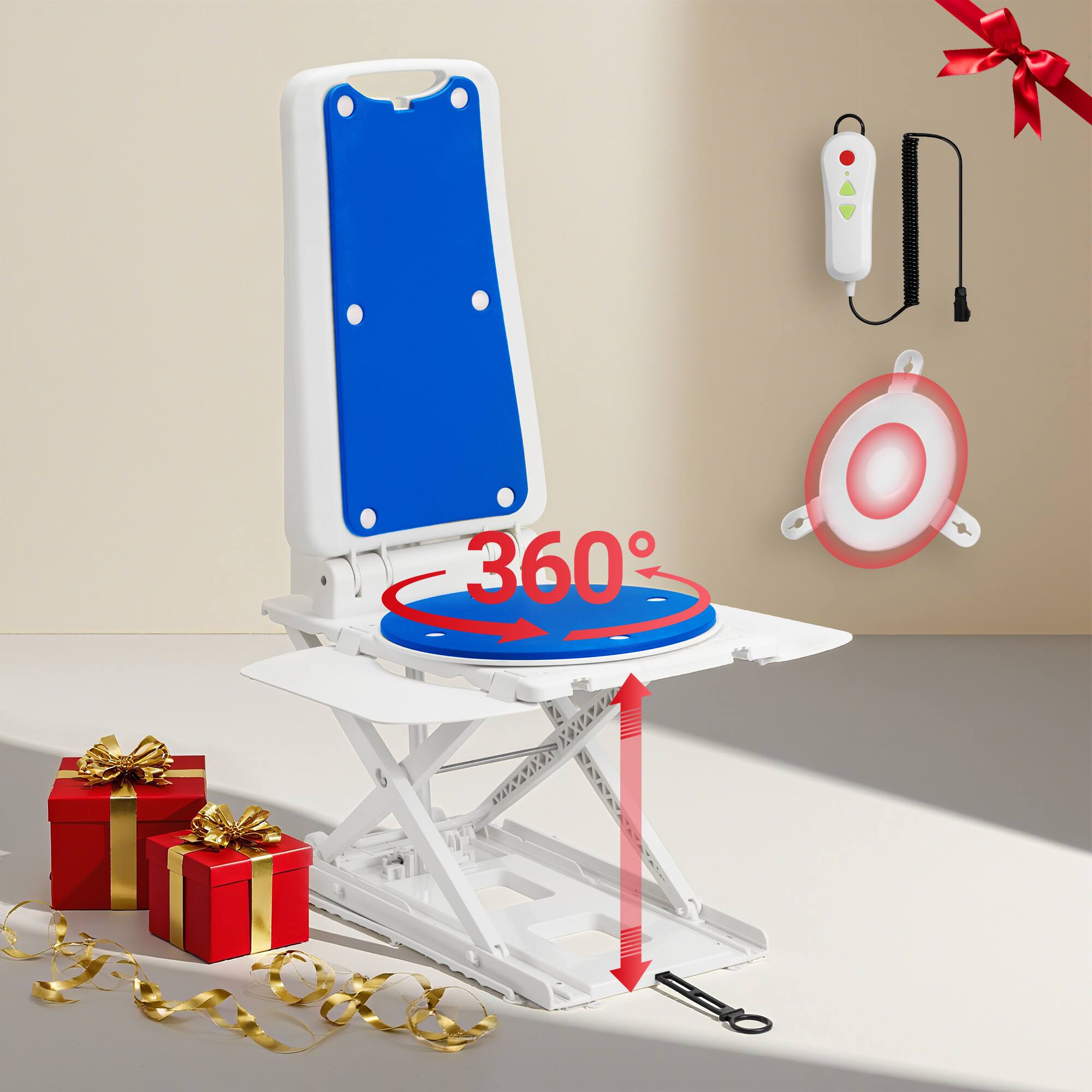 Angle. Hover Heart - Electric Shower Chair with Lift, Adjustable Height, 275 lbs Capacity, Tool-Free Assembly, Medical Bath Seat - Blue.