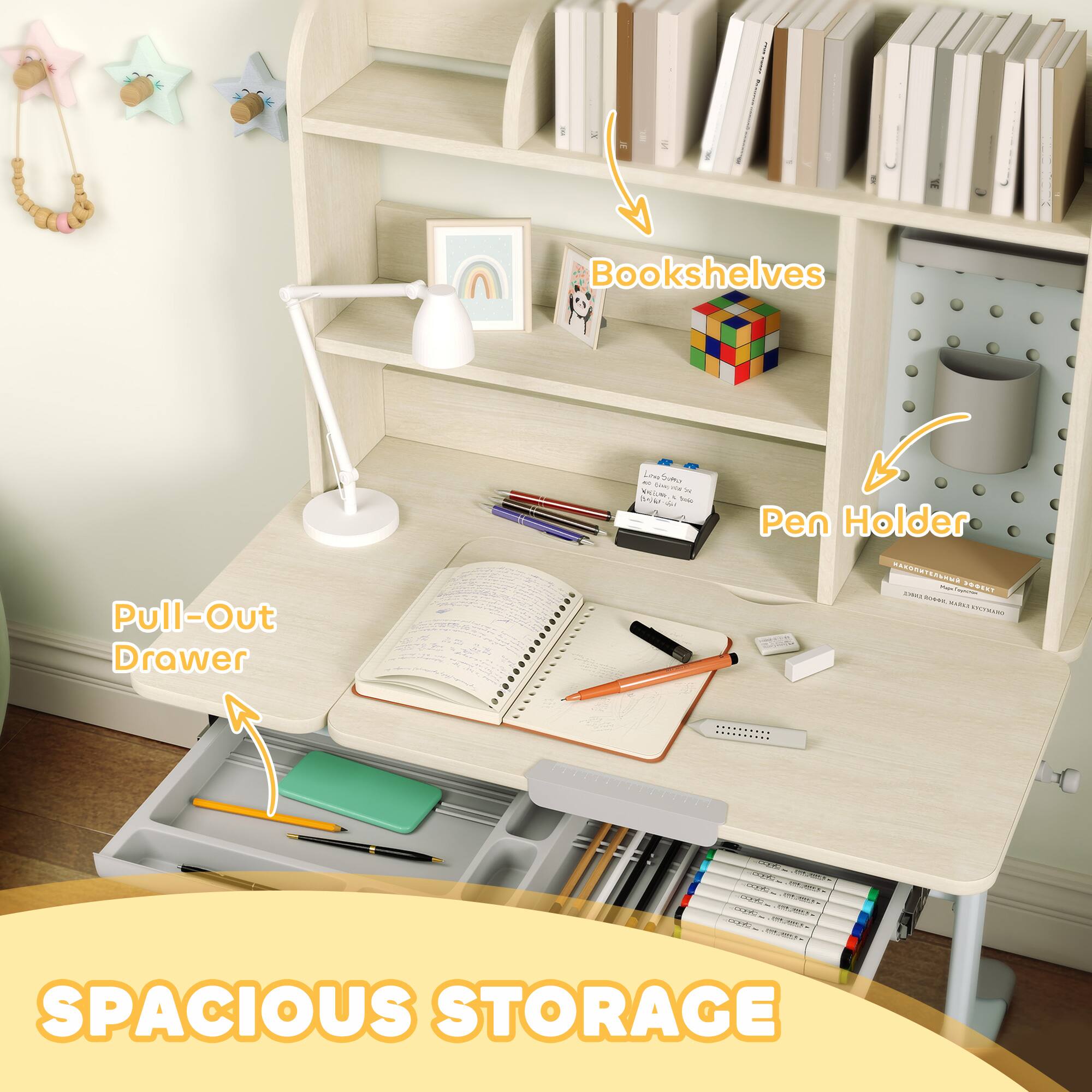 - Bookshelves
- Pull-Out Drawer
- Pen Holder
- SPACIOUS STORAGE