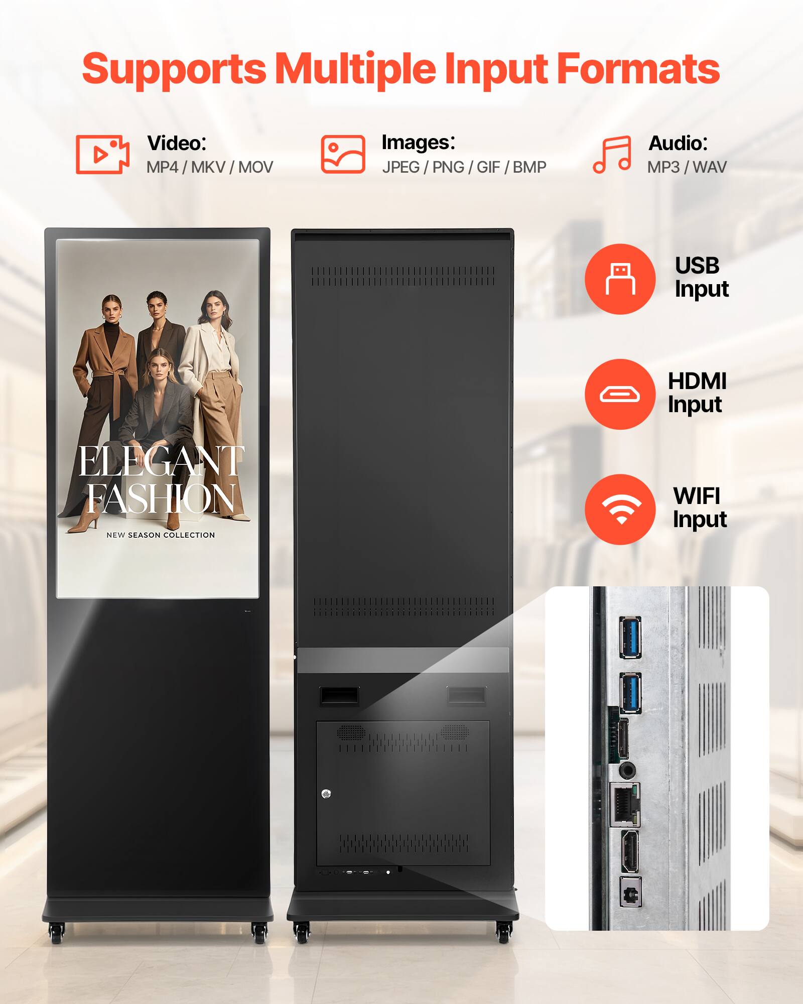Supports Multiple Input Formats

Video: MP4 / MKV / MOV

Images: JPEG / PNG / GIF / BMP

Audio: MP3 / WAV

USB Input

HDMI Input

WIFI Input