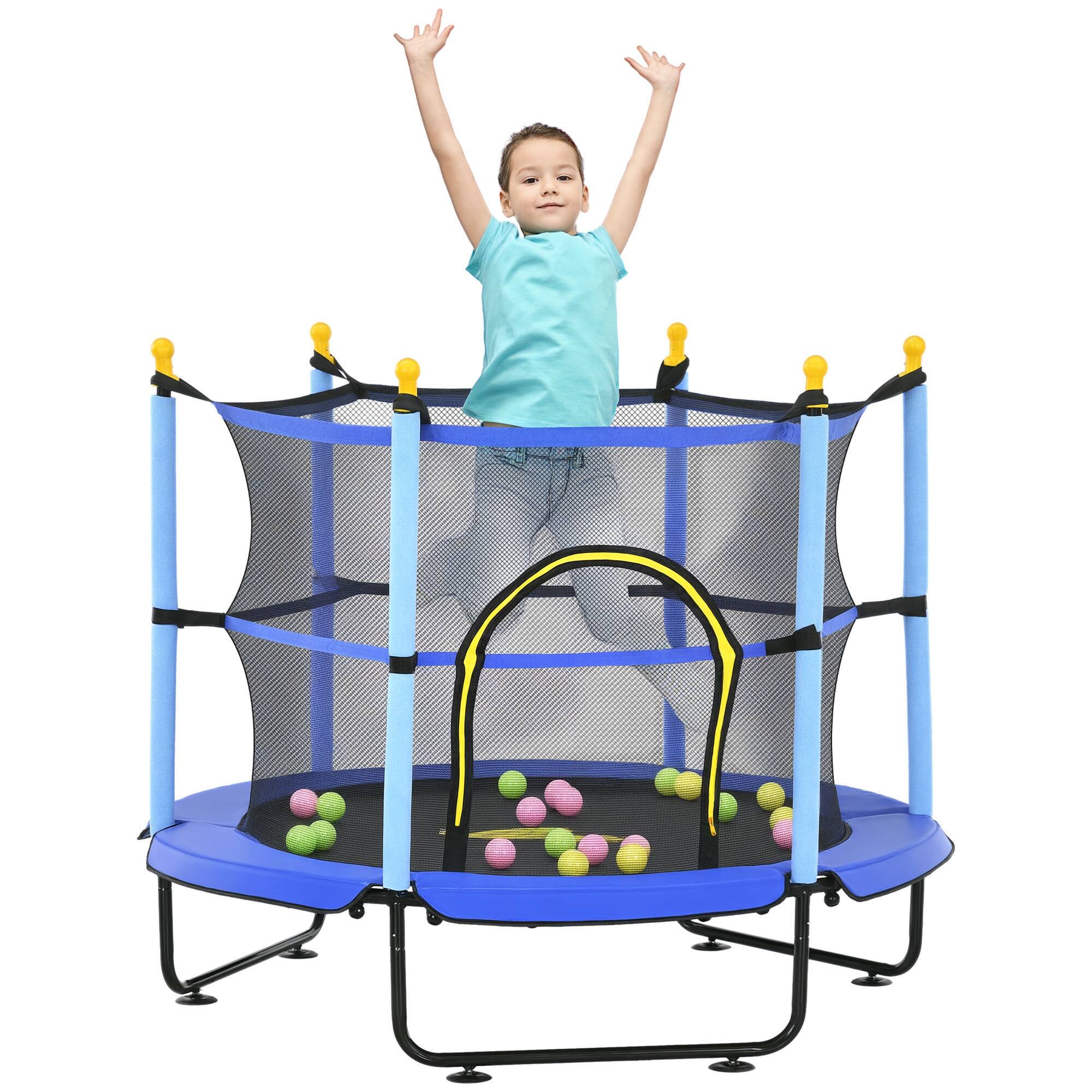 Front. Qaba - 4.6' Trampoline, 55 Inch Trampoline, Safety Enclosure, Ball Pit, Indoor Outdoor Use - Blue.