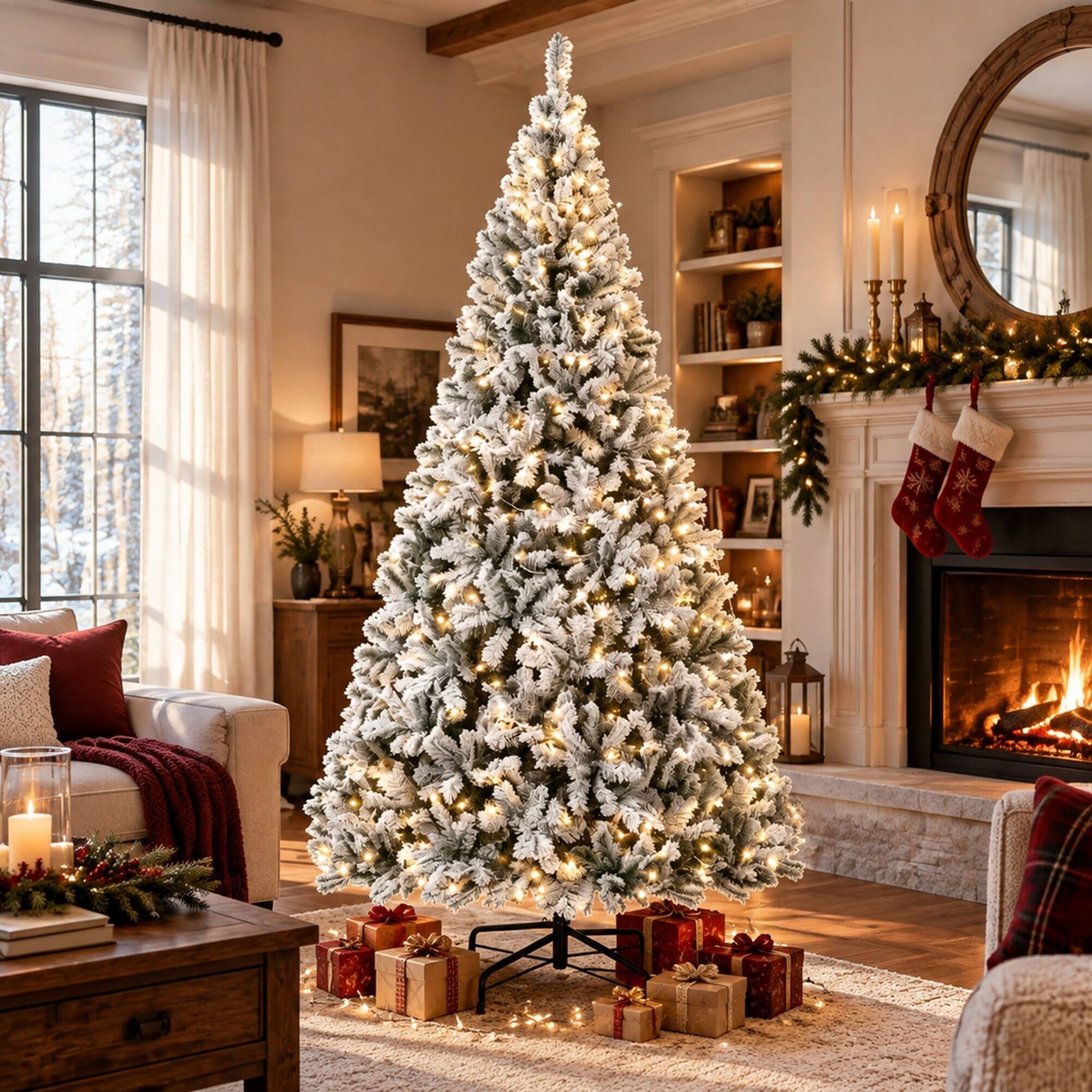 Angle. RYHNUYNE - 9FT Pre-Lit Flocked Fraser Fir Christmas Tree With LED Lights and Hinged Branches, Foldable Metal Base - Green.