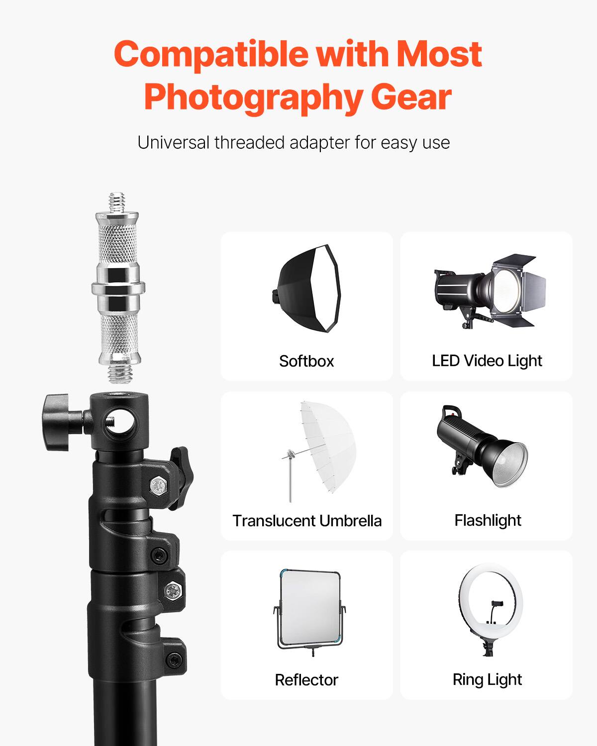 Compatible with Most Photography Gear

Universal threaded adapter for easy use

- Softbox
- LED Video Light
- Translucent Umbrella
- Flashlight
- Reflector
- Ring Light