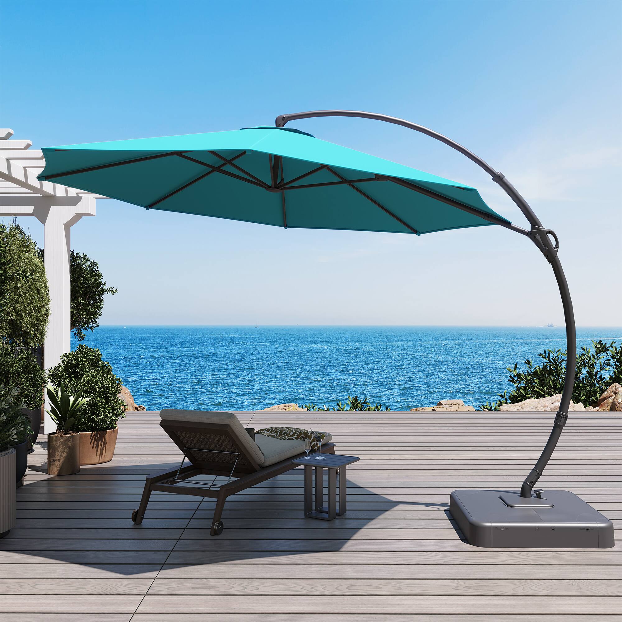 Angle. Decksplore - Outdoor Patio Umbrellas with Base, Upgraded 12FT Curvy Aluminum Offset Cantilever Umbrella - Turquoise.