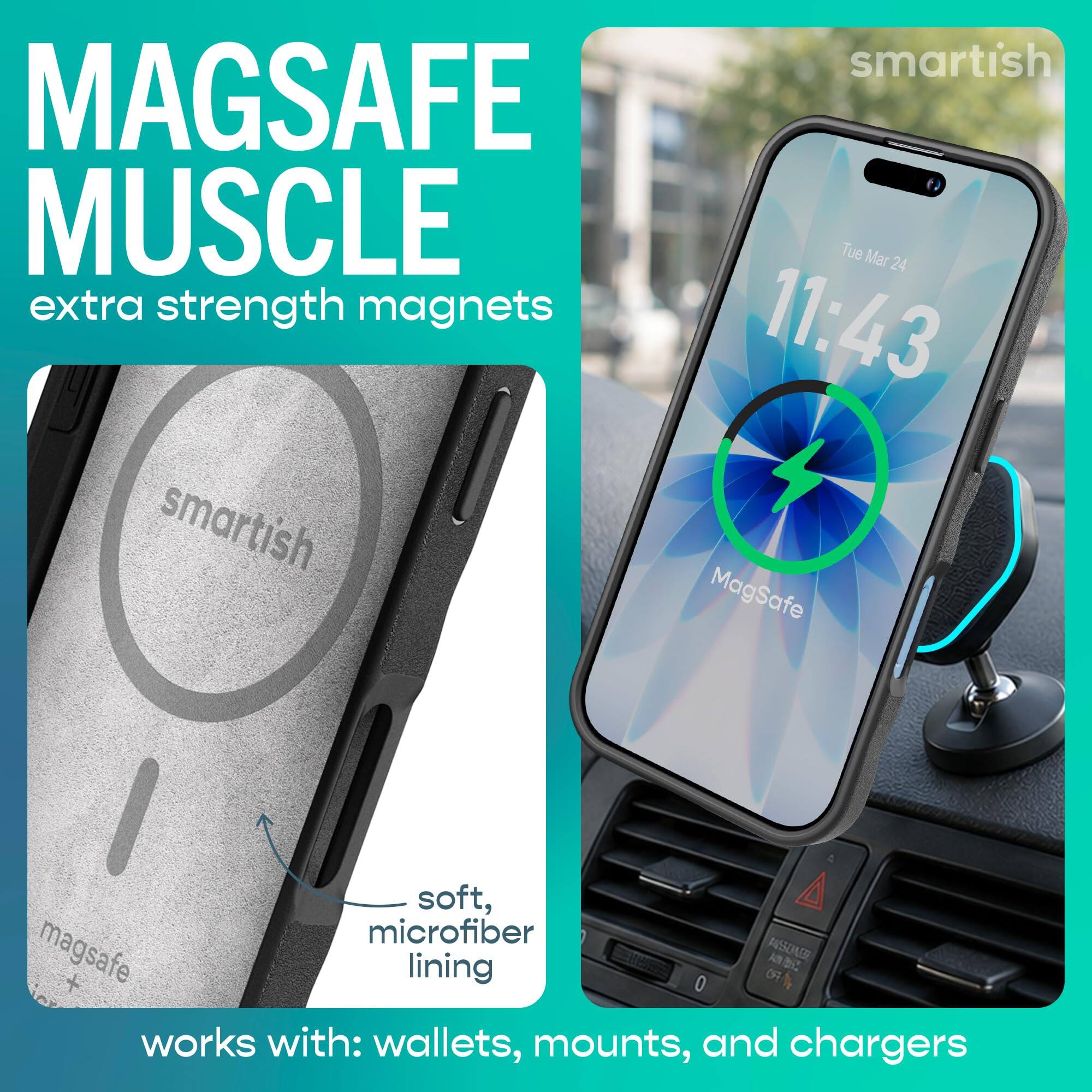 MAGSAFE MUSCLE  
extra strength magnets  

smartish MAGSAFE MUSCLE  
Tue Mar 24  
11:43  

soft, microfiber magsafe lining  
works with: wallets, mounts, and chargers