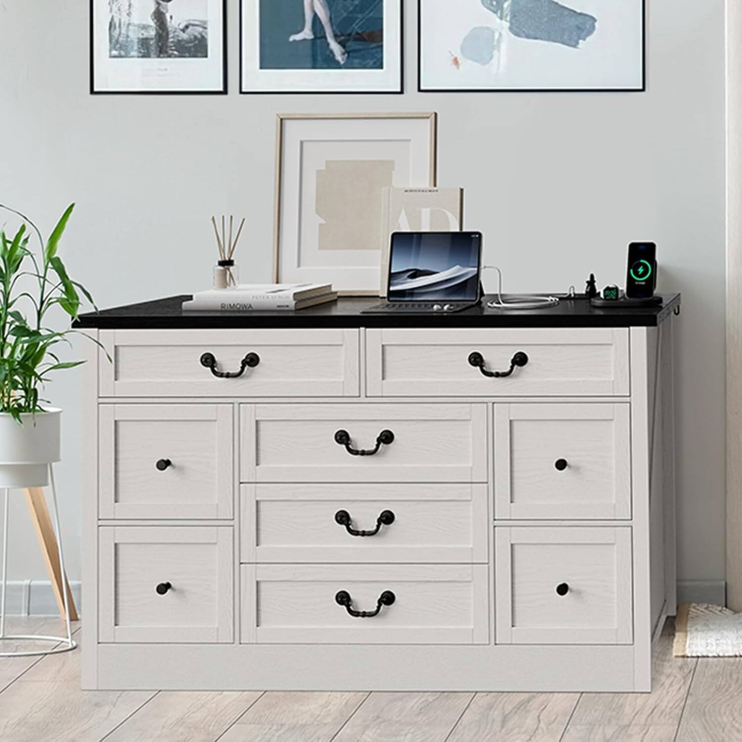 Alt View 4. GARVEE - 9 Farmhouse Dresser with Charging Station & Metal Handle, Wooden Tv Stand with Dressers, 9 Drawer Dressers - Black.
