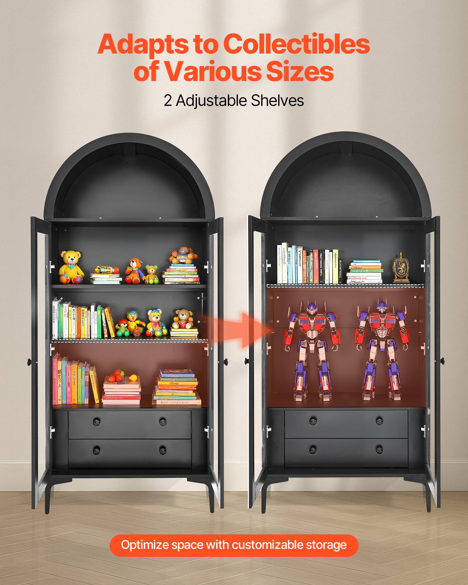 Adapts to Collectibles of Various Sizes  
2 Adjustable Shelves  

Optimize space with customizable storage