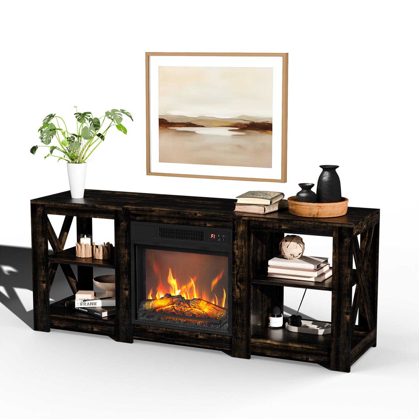 Alt View 1. Winado - 59" Electric Fireplace TV Stand with Remoted 18" Fireplace Storage Cabinet Shelves for TVs Up to 65 inch - Dark Rustic Oak.