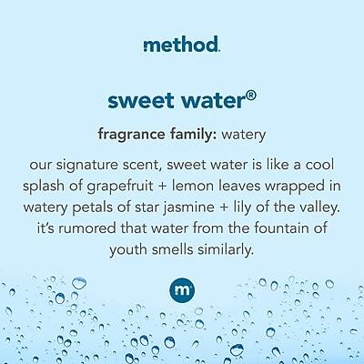 method.  
sweet water®  
fragrance family: watery  

our signature scent, sweet water is like a cool splash of grapefruit + lemon leaves wrapped in watery petals of star jasmine + lily of the valley. it's rumored that water from the fountain of youth smells similarly.