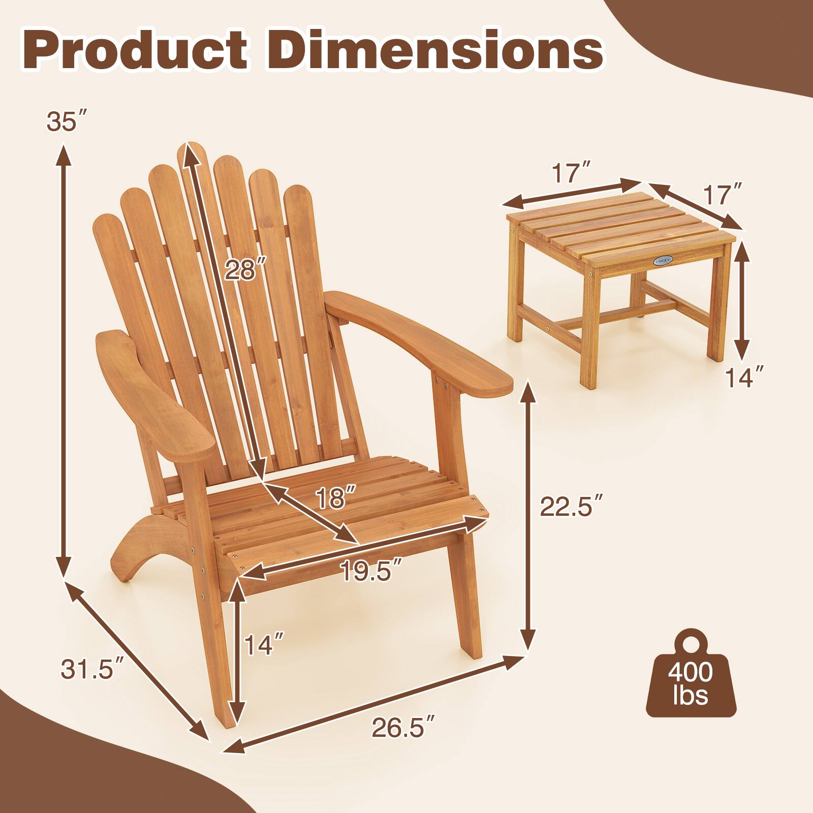 Product Dimensions: 35" x 17" x 17" x 28" x 14" x 18" x 22.5" x 19.5" x 31.5" x 14" x 26.5"  
Weight Capacity: 400 lbs