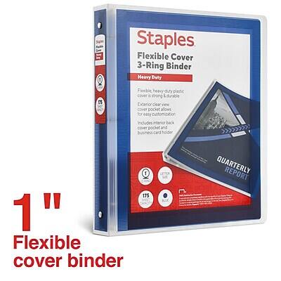 Staples Flexible Cover 3-Ring Binder Heavy Duty

- Flexible, heavy-duty plastic cover is strong & durable
- Exterior clear view cover pocket allows for easy customization
- Includes interior back cover pocket and business card holder
- 1" Flexible cover binder
- 175 sheets capacity
- 1" QUARTERLY REPORT

1" Flexible cover binder