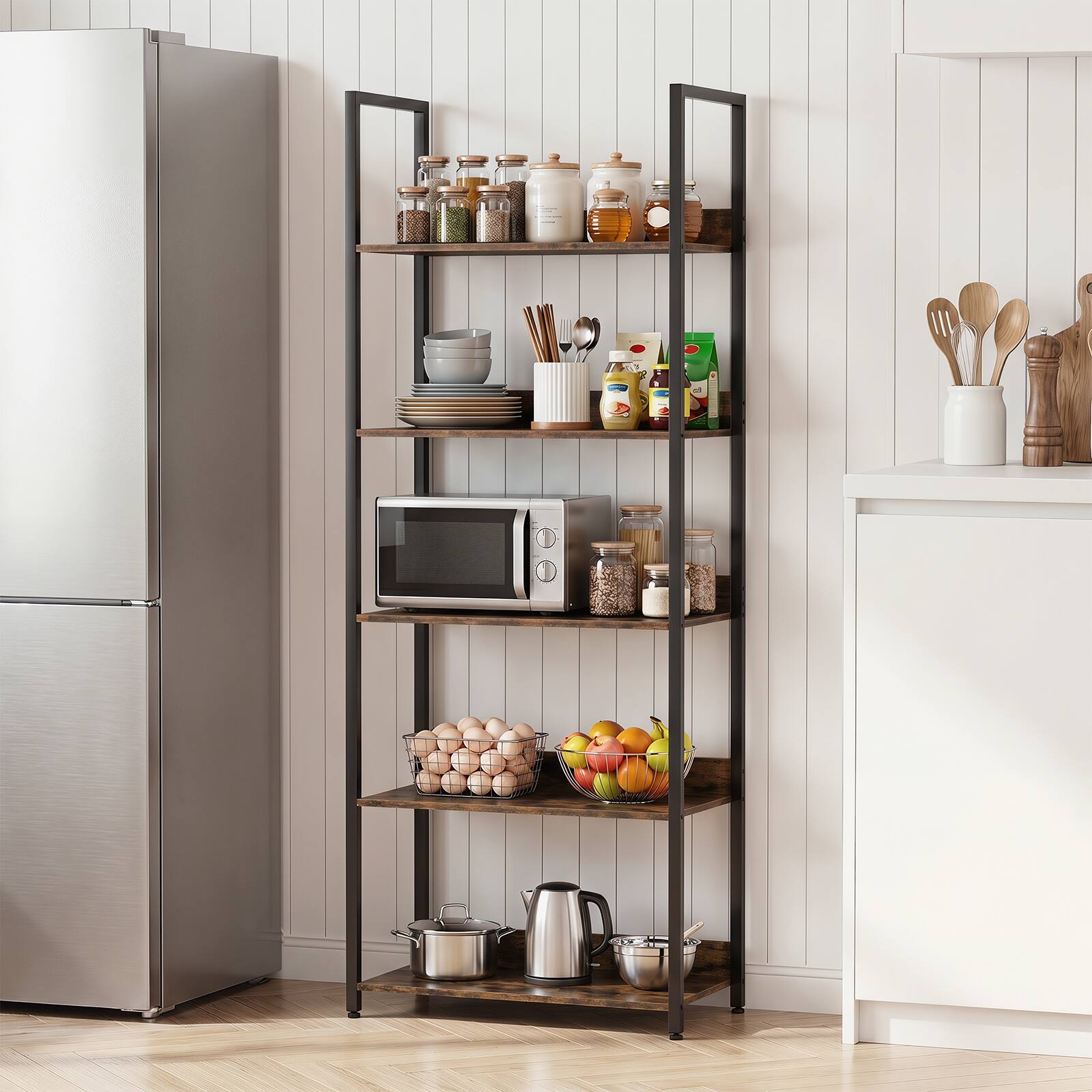 Alt View 3. Costway - Costway 5-Tier Bookshelf, Tall Wooden Open Bookcase with Back Panels and Metal Frame - Rustic Brown + Black.