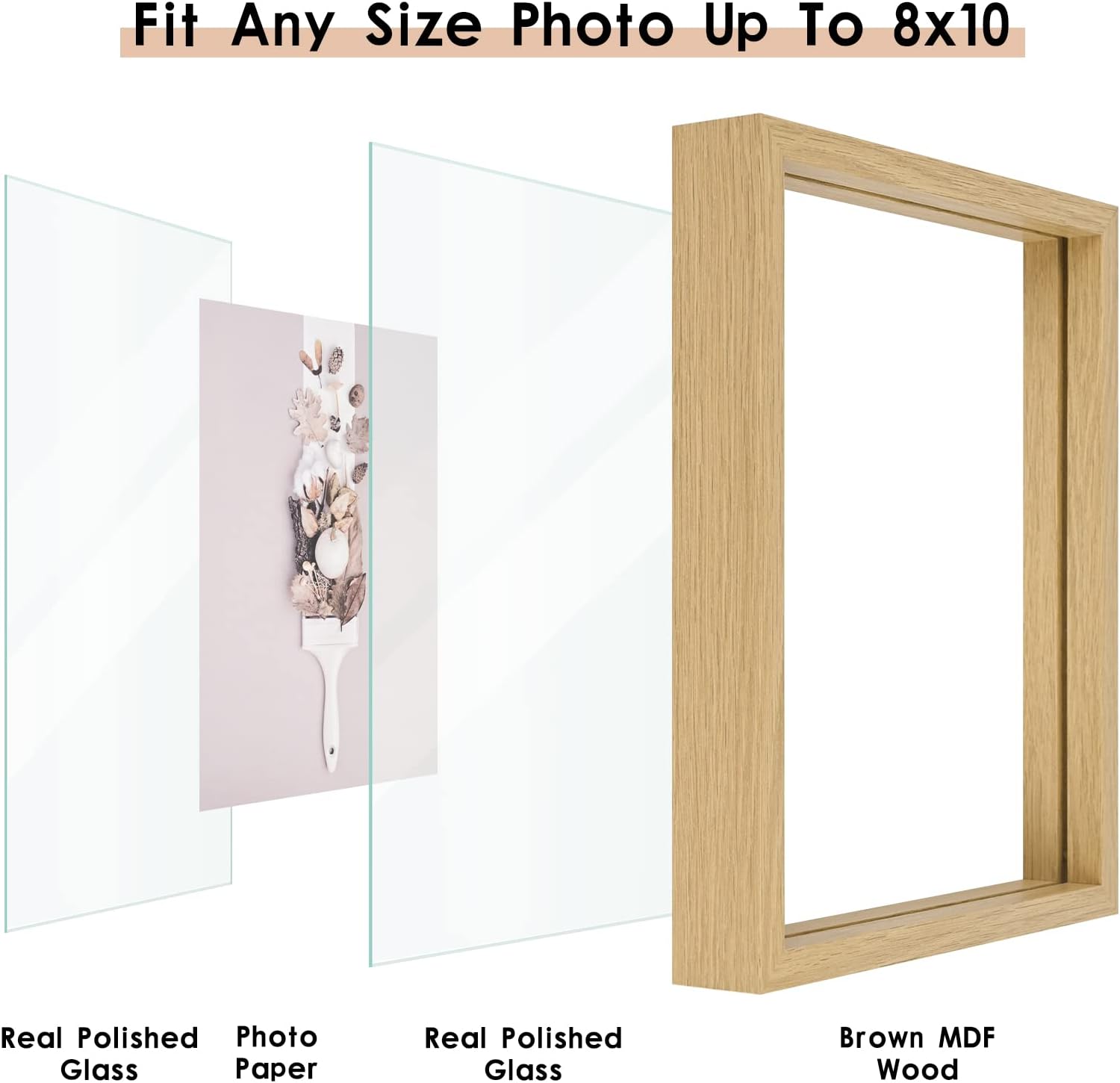 Fit Any Size Photo Up To 8x10

- Real Polished Glass
- Photo Paper
- Real Polished Glass
- Brown MDF Wood