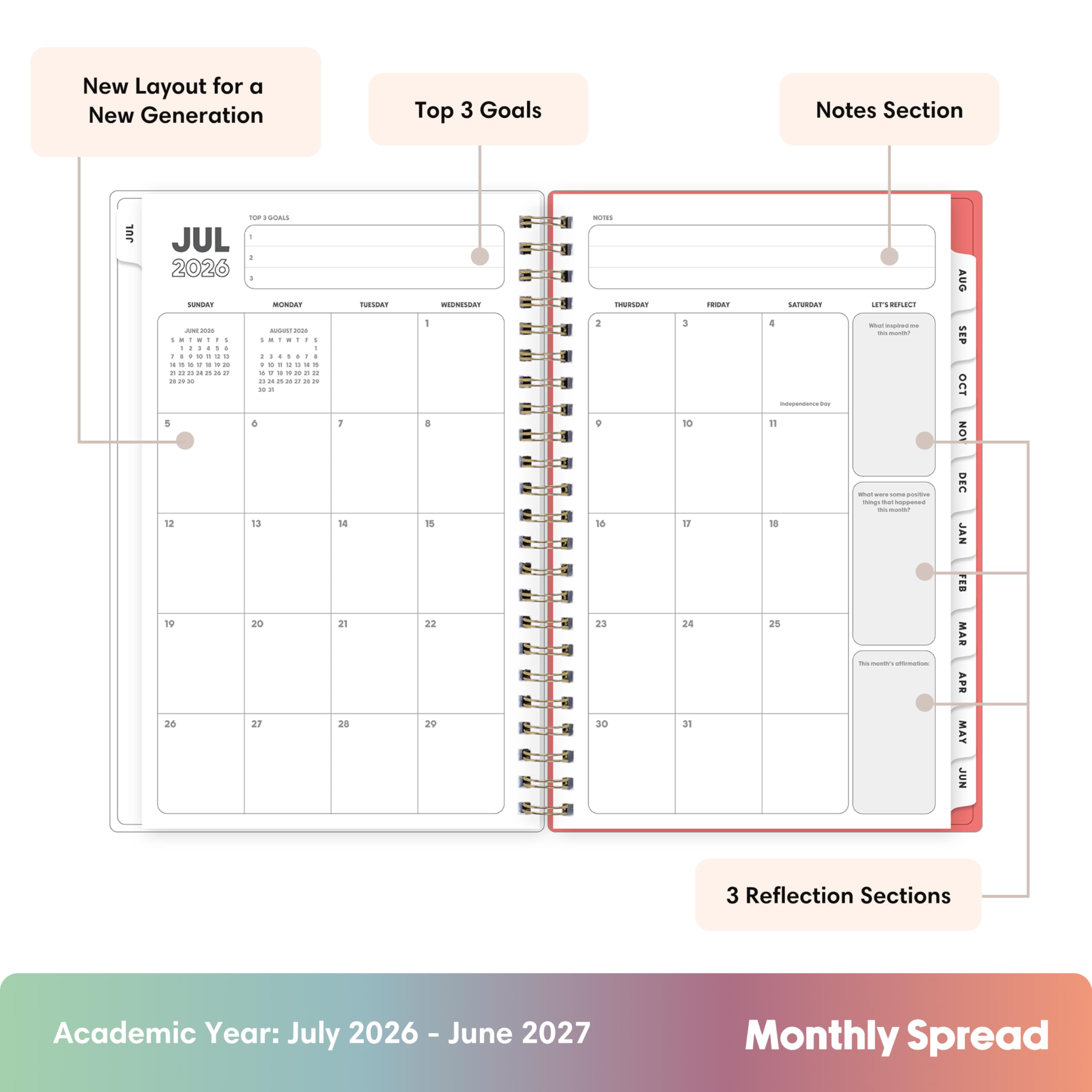 New Layout for a New Generation

Top 3 Goals

Notes Section

JUL
TOP3GOALS JUL : 2026 : SUNDAY MONDAY TUESDAY WEDNESDAY THURSDAY FRIDAY SATURDAY
1 2 3 4 5 6 7 8 9 10 11 12 13 14 15 16 17 18 19 20 21 22 23 24 25 26 27 28 29 30 31

NOTES
LET'S REFLECT
Independence Day
This month's reflection: What good things happened?

AUG SEP OCT NOV DEC JAN FEB MAR APR MAY JUN

3 Reflection Sections

Academic Year: July 2026 - June 2027

Monthly Spread