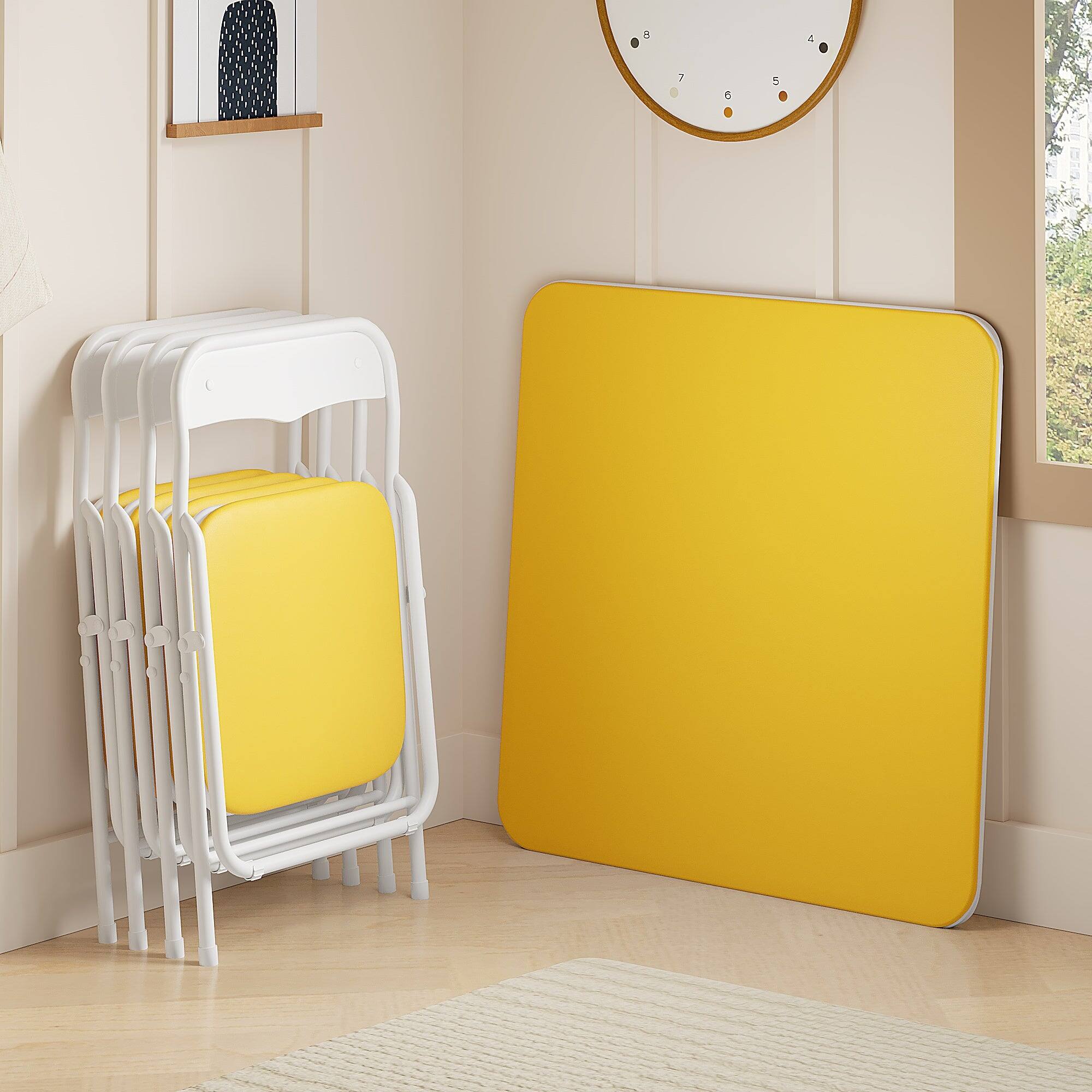 Back. Vecelo - Kids Folding Table and Chairs Set of 5- Toddler Activity Center , Play & Learning, Indoor Outdoor Use - Yellow.