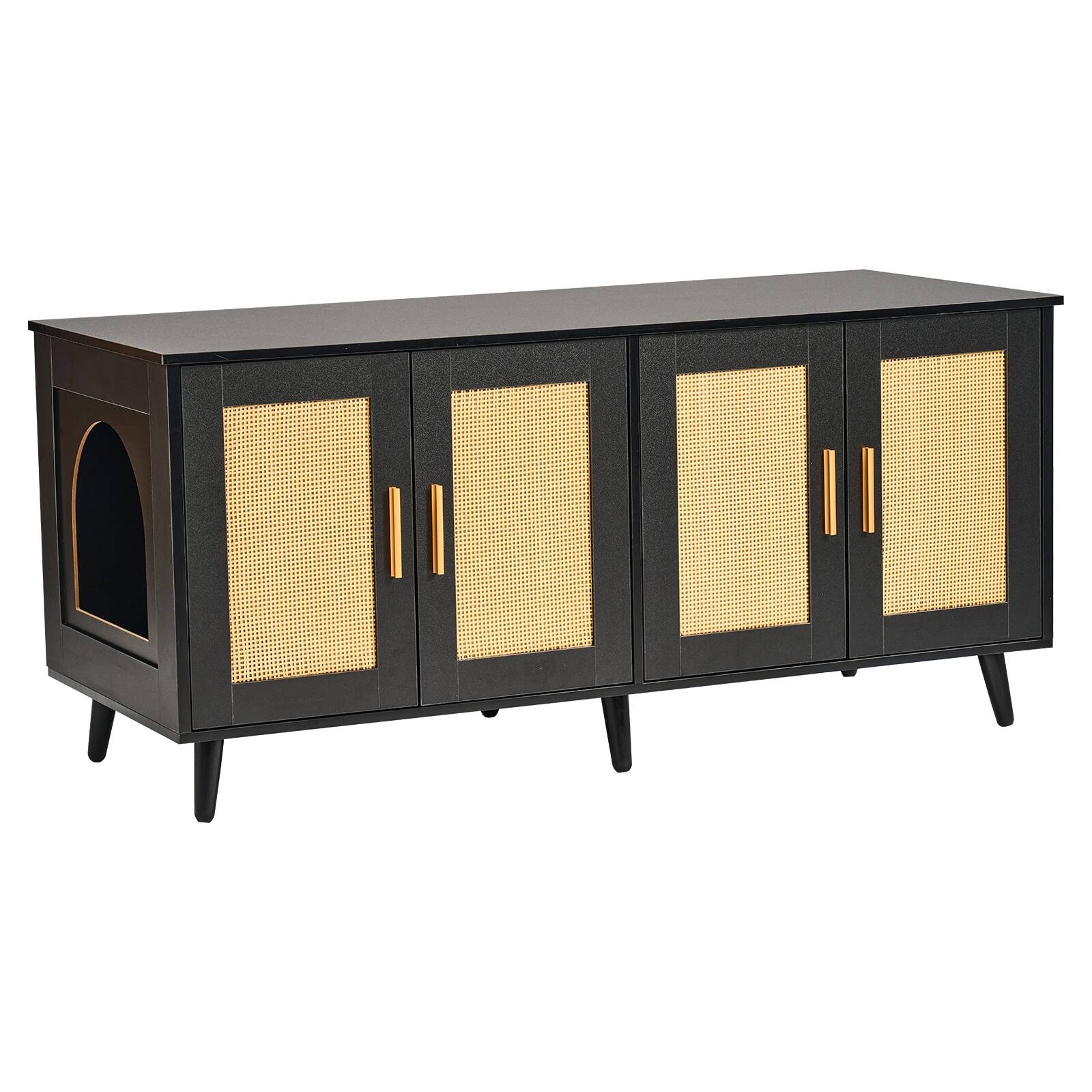 Alt View 5. VEVOR - Cat Litter Box Enclosure for 2 Cats, Litter Box Furniture Hidden with Rattan Decorated Doors, Wooden Cat Box Cabinet - Black.