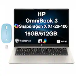 HP - Upgraded - OmniBook 3 Copilot+ PC 14" 2K Touchscreen (Snapdragon X X1-26-100, 16GB, 512GB SSD, Win11Pro) w/Dockztorm Wireless Mouse - Warm Gold