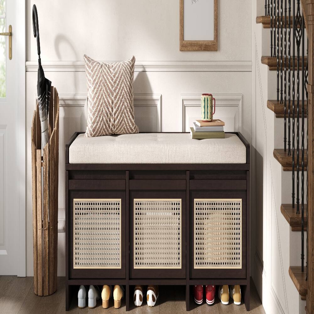 Back. Ropilly - Ropilly Retro Entryway Shoe Bench with Rattan Drawers Tufted Cushion Hidden Storage Espresso Hallway Foyer Seating - Espresso.