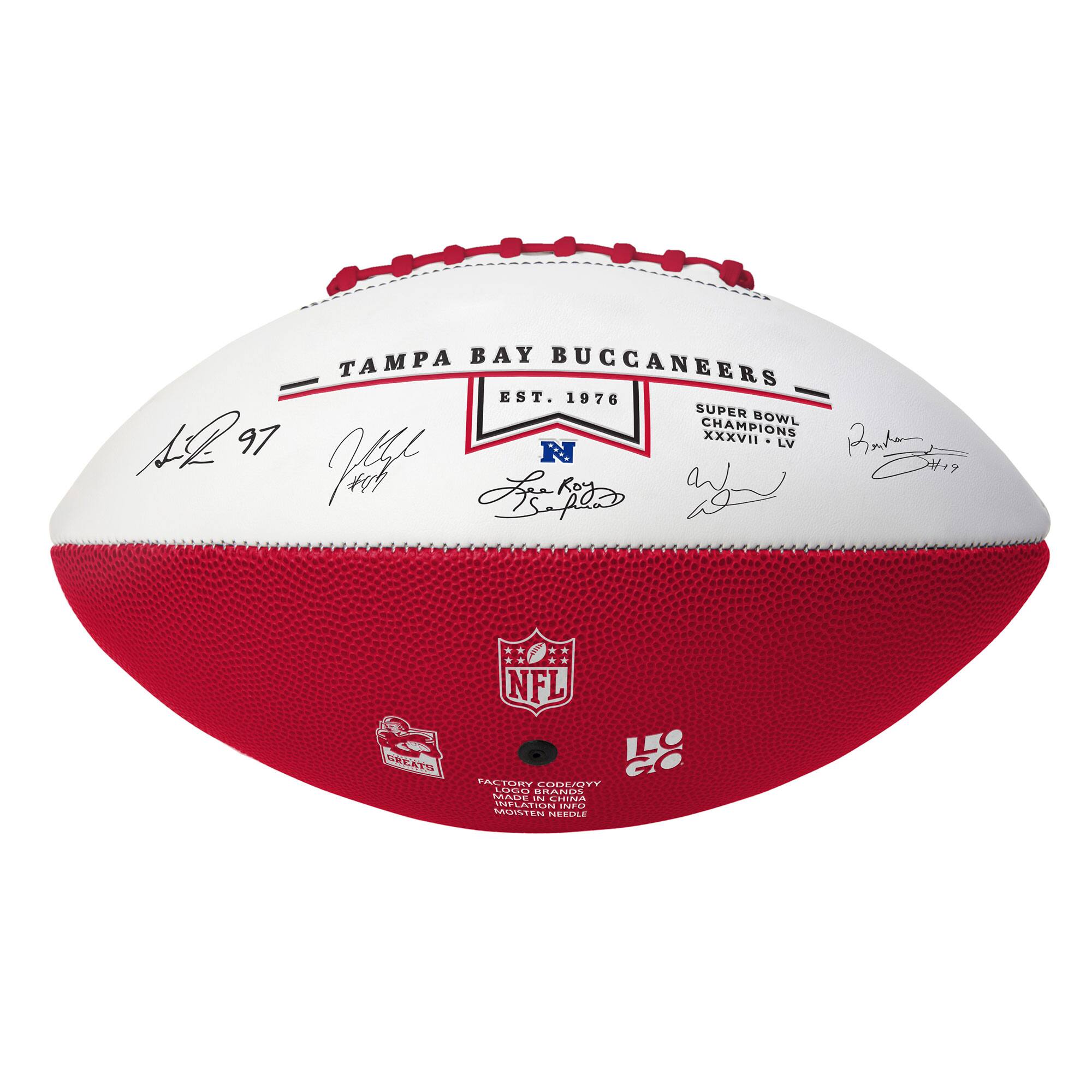 Tampa Bay Buccaneers  
Est. 1976  
Super Bowl Champions XXXVII  
LV  

97  
Patterson  
#19  
#19  

NFL  
Factory Cuts  
Locked in  
Moisture  

Model: GY  
Made in USA  
NFL  
Official Game Ball