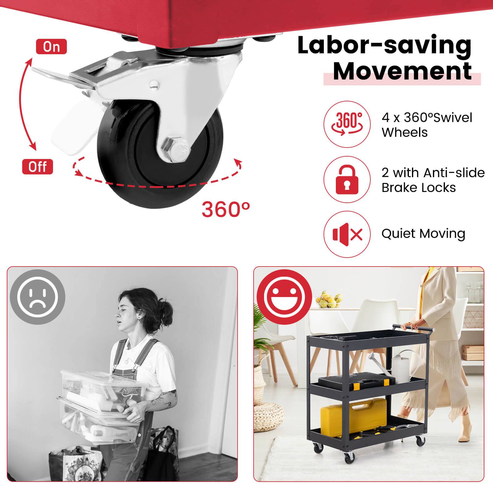 Labor-saving Movement

4 x 360° Swivel Wheels

2 with Anti-slide Brake Locks

Quiet Moving