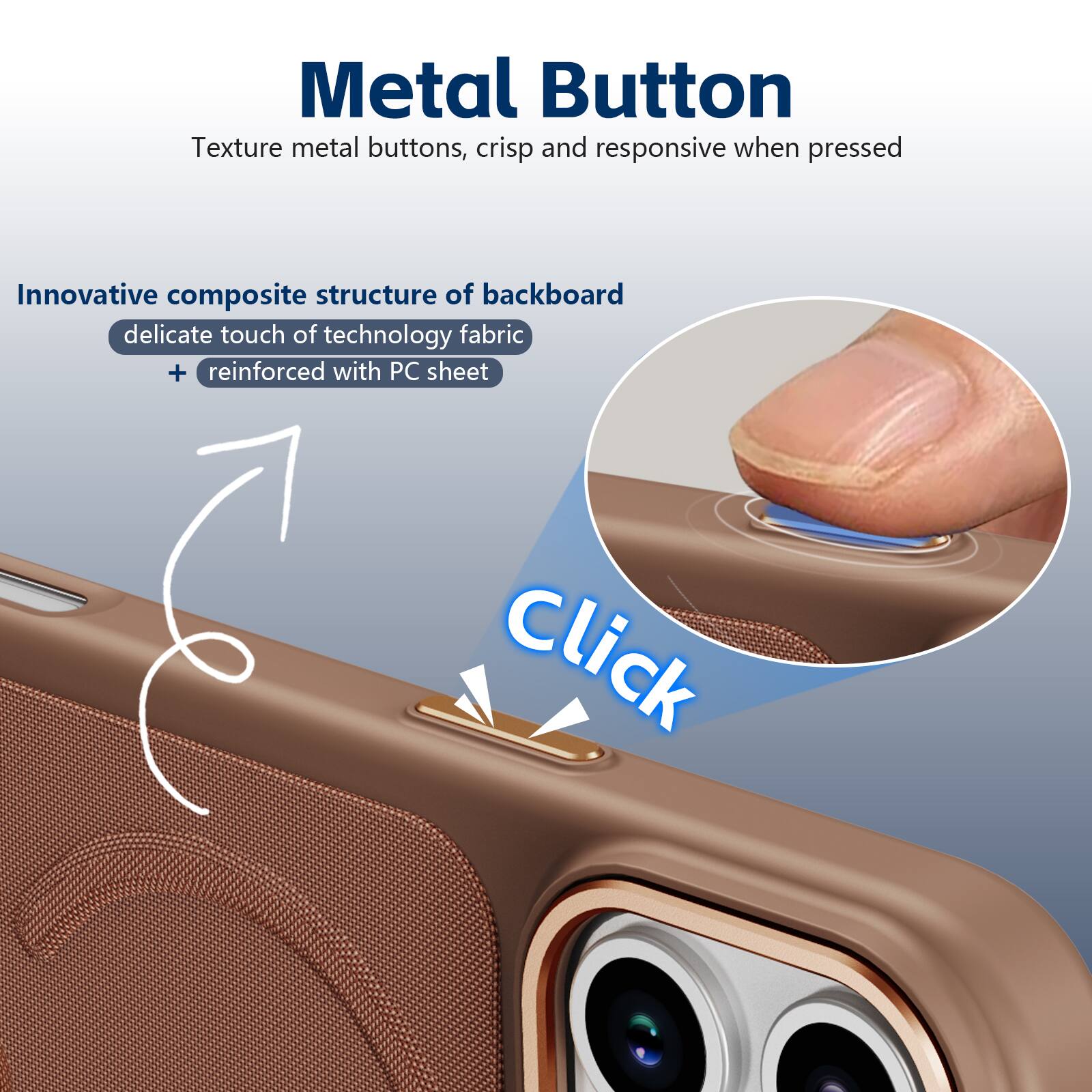 Metal Button  
Texture metal buttons, crisp and responsive when pressed  

Innovative composite structure of backboard  
delicate touch of technology fabric + reinforced with PC sheet  

Click