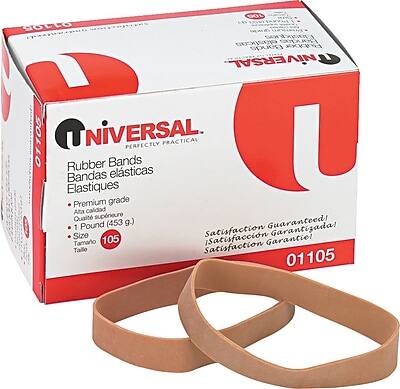 Sure, here is the corrected and grouped text from the image:

---

**Product Name:**
- UNIVERSAL Rubber Bands

**Description:**
- Perfectly Practical
- Banda elásticas
- Elastiques

**Features:**
- Premium grade
- Alta calidad
- Qualité supérieure

**Quantity:**
- 1 Pound (453 g.)

**Size:**
- 105

**Satisfaction Guarantee:**
- Satisfaction Guaranteed!
- Garantizada!
- Satisfaction garantie!
- Satisfacción garantizada!

**Product Code:**
- 01105

**Additional Information:**
- Size Satisfaction
- Taille Satisfaction

---