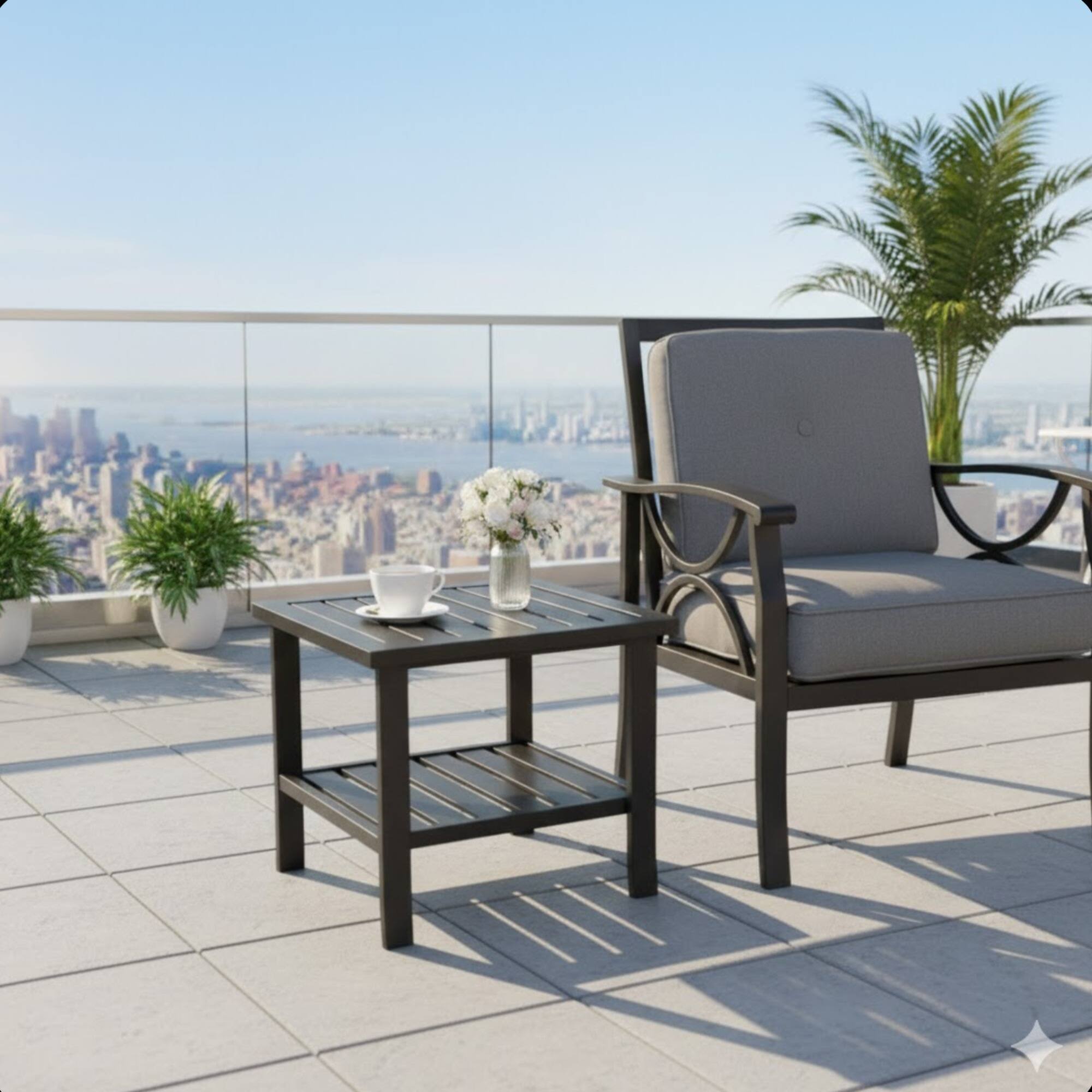 Left. Mondawe - 19" 2-Tier Square Metal Outdoor Side Table - Black.