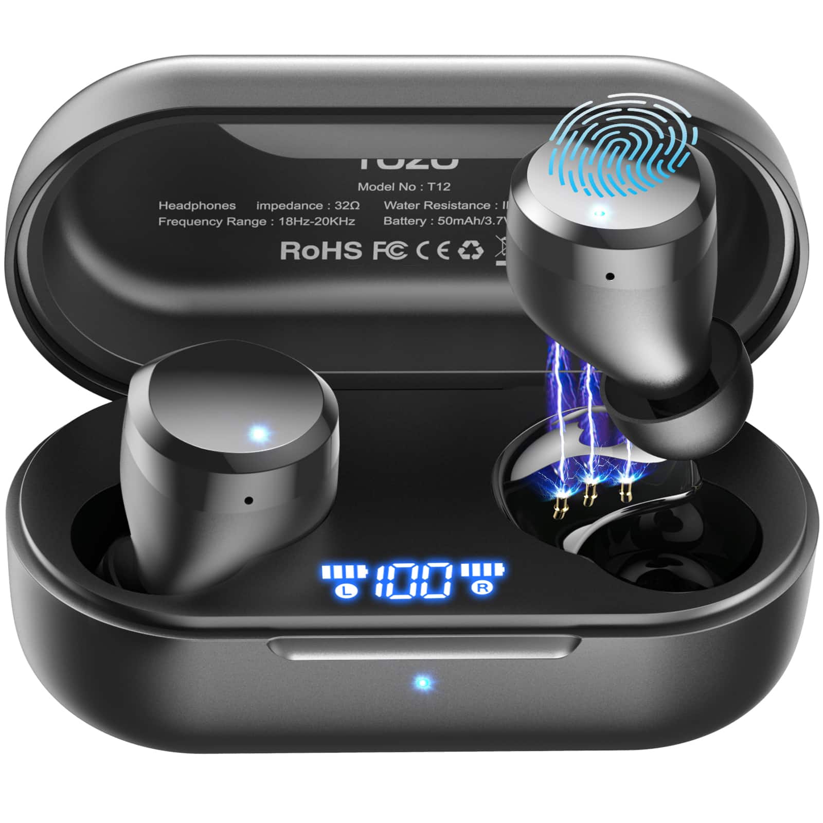 1. Model No: T12  
2. Headphones Impedance: 32Ω  
3. Water Resistance: IPX7  
4. Frequency Range: 18Hz-20KHz  
5. Battery: 50mAh/3.7V  
6. RoHS FC CE