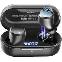 TOZO - T12 Wireless Earbuds Bluetooth Headphones, 55H, Stereo Bass, ENC Noise Cancelling Mic, Wireless Charging, IPX8, App-32EQ - Black