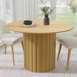 PexFix - Minimalist Farmhouse Curved Edge Round Solid Oak 46 in. Wide Ribbed Base Kitchen & Dining Table Seats 4 - Natural