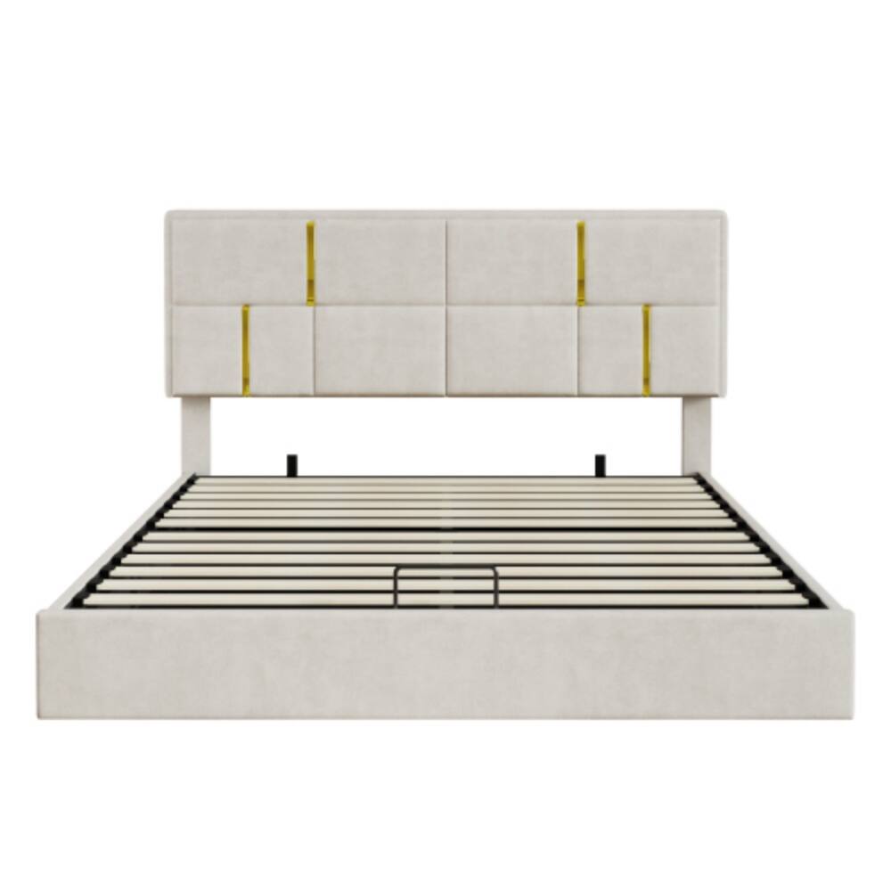 Angle. LUCKY ONE - Queen Size Upholstered Platform Bed with Hydraulic Storage System, Soft Fabric Headboard, No Box Spring Needed - Beige.
