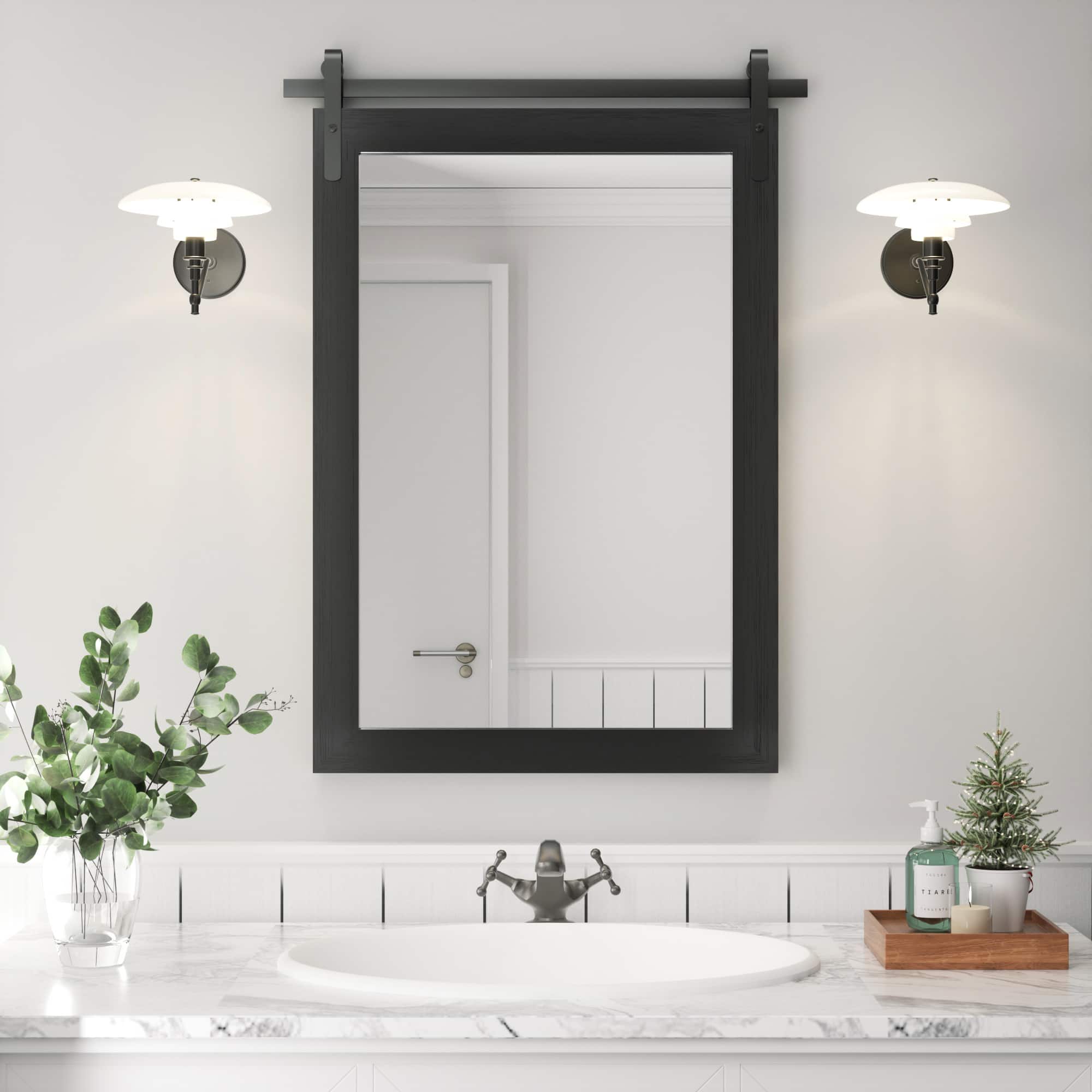 Front. PAIHOME - Wood Wall Mirror Modern Farmhouse Accent Rectangular Bathroom Mirror Vanity Mirror for Bedroom Living Room Decor - Black - 18"x26".