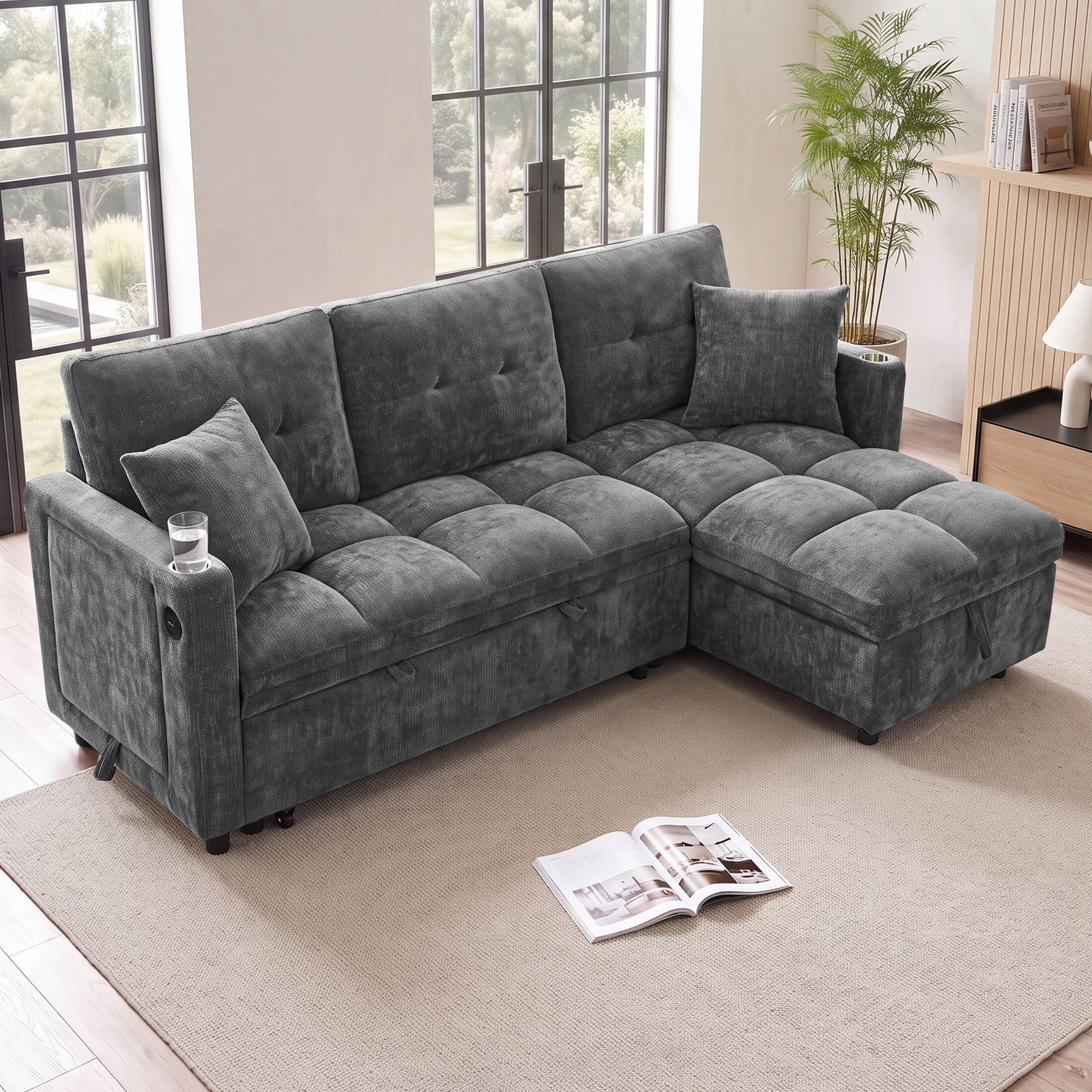 Angle. Anysun - Convertible Plush Sectional Sleeper Sofa with Pull-Out Couch Bed, Cloud Couch with Storage Chaise & USB Charging - Grey.