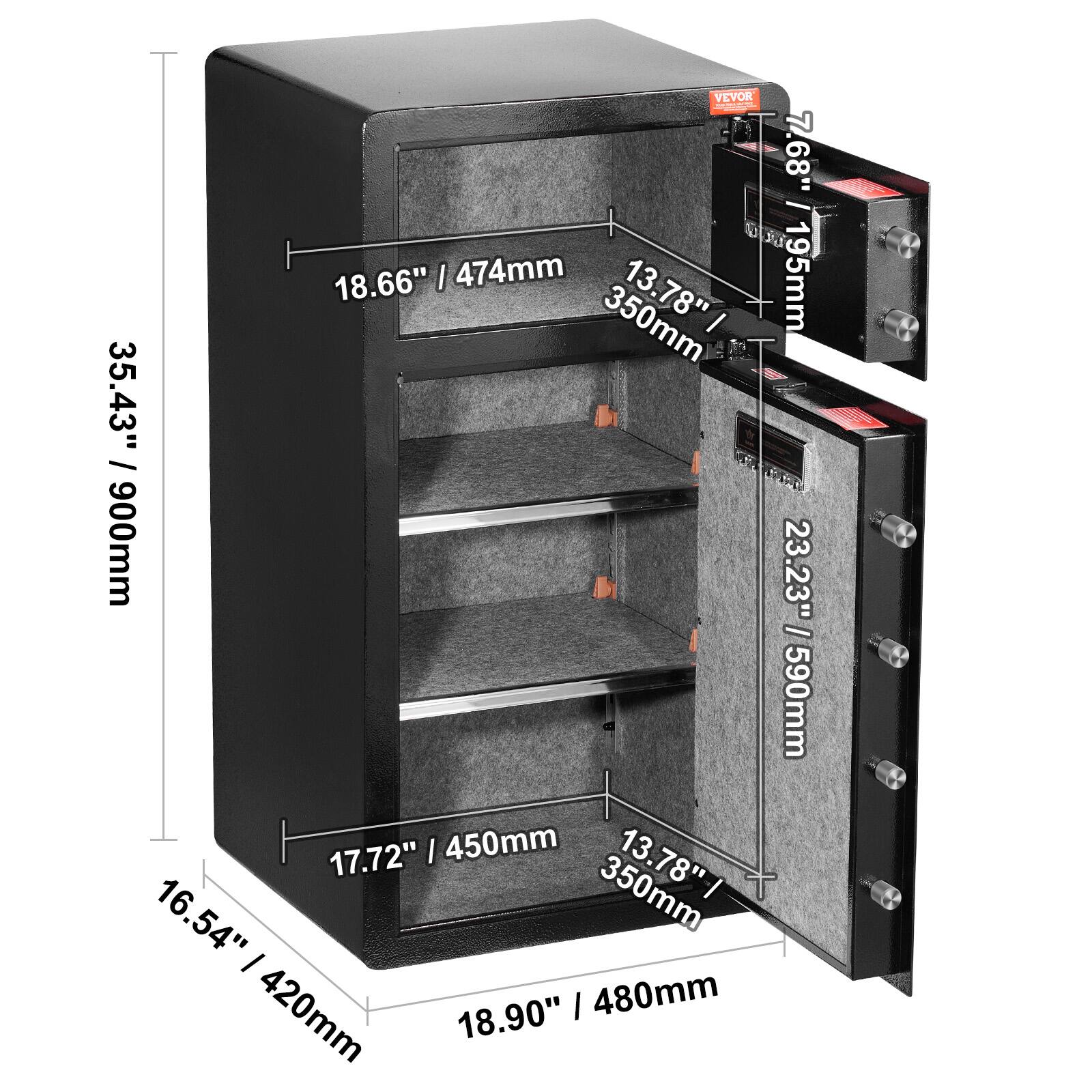 VEVOR 7.68" / 195mm
18.66" / 474mm
13.78" / 350mm
35.43" / 900mm
23.23" / 590mm
17.72" / 450mm
16.54" / 420mm
18.90" / 480mm