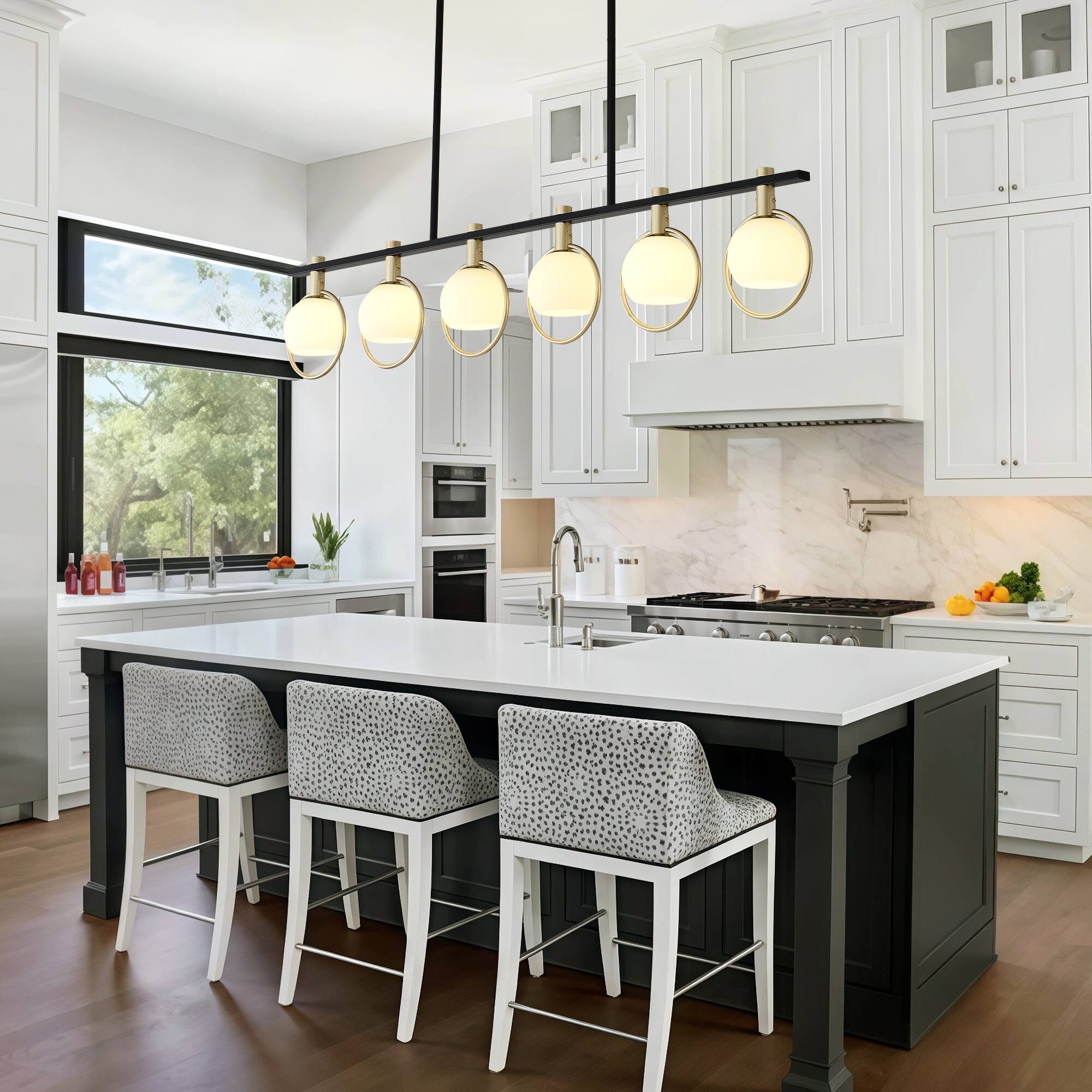 Alt View 1. RYHNUYNE - 6-Light Dining Room Light Fixture,Gold Kitchen Island Lighting with Milk Glass Shade, Linear Chandeliers for Kitchen Din - Black.