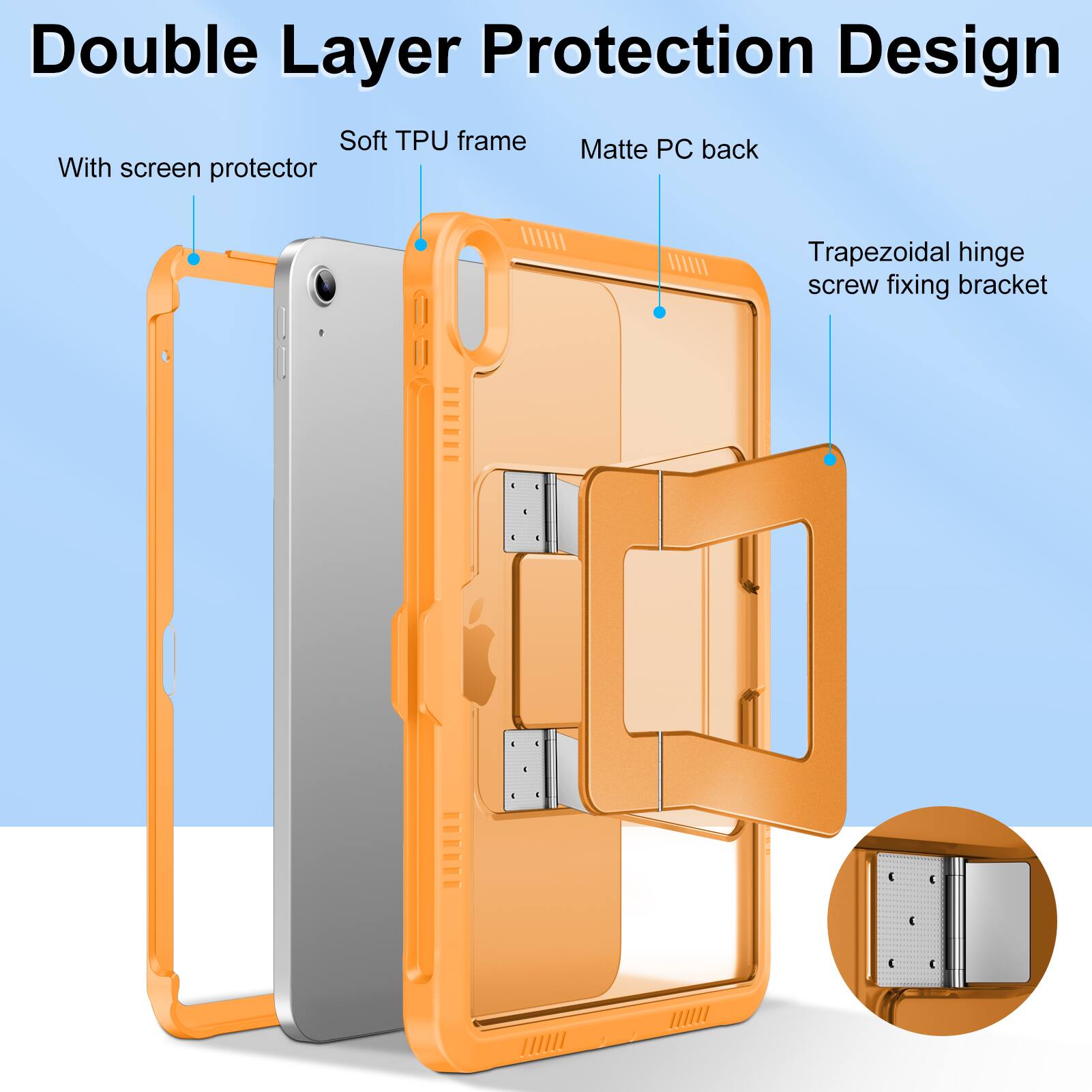 Double Layer Protection Design  
Soft TPU frame  
Matte PC back  
With screen protector  
Trapezoidal hinge screw fixing bracket
