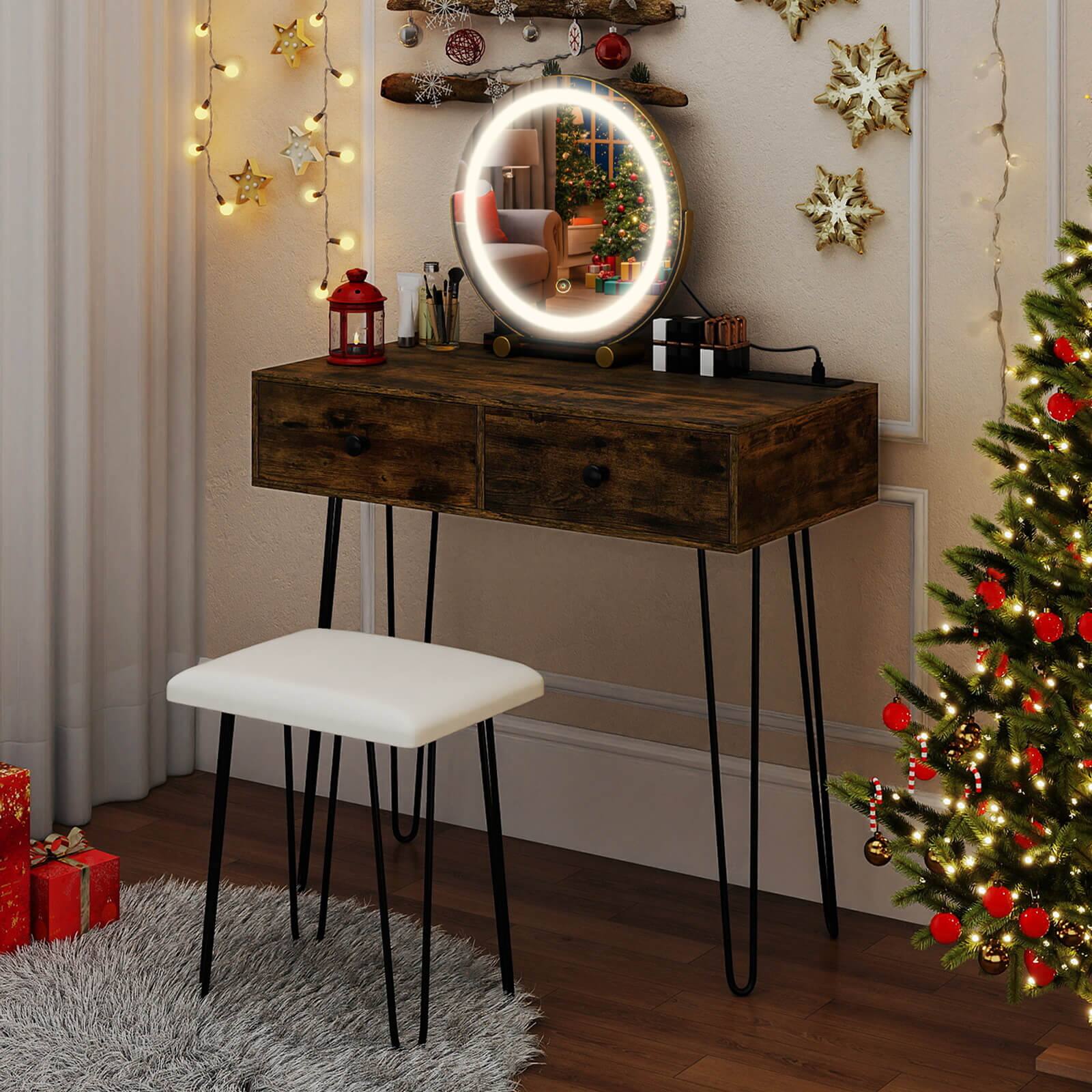 Alt View 5. Costway - Costway Vanity Desk with Mirror & Lights, Built-in Charging Station, 2 Drawers for Bedroom - Rustic Brown.