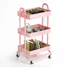 Sugift - Rolling Bar Cart with Removable Top Tray 3-Tier Metal Kitchen Serving Cart Lockable Wheels - Pink