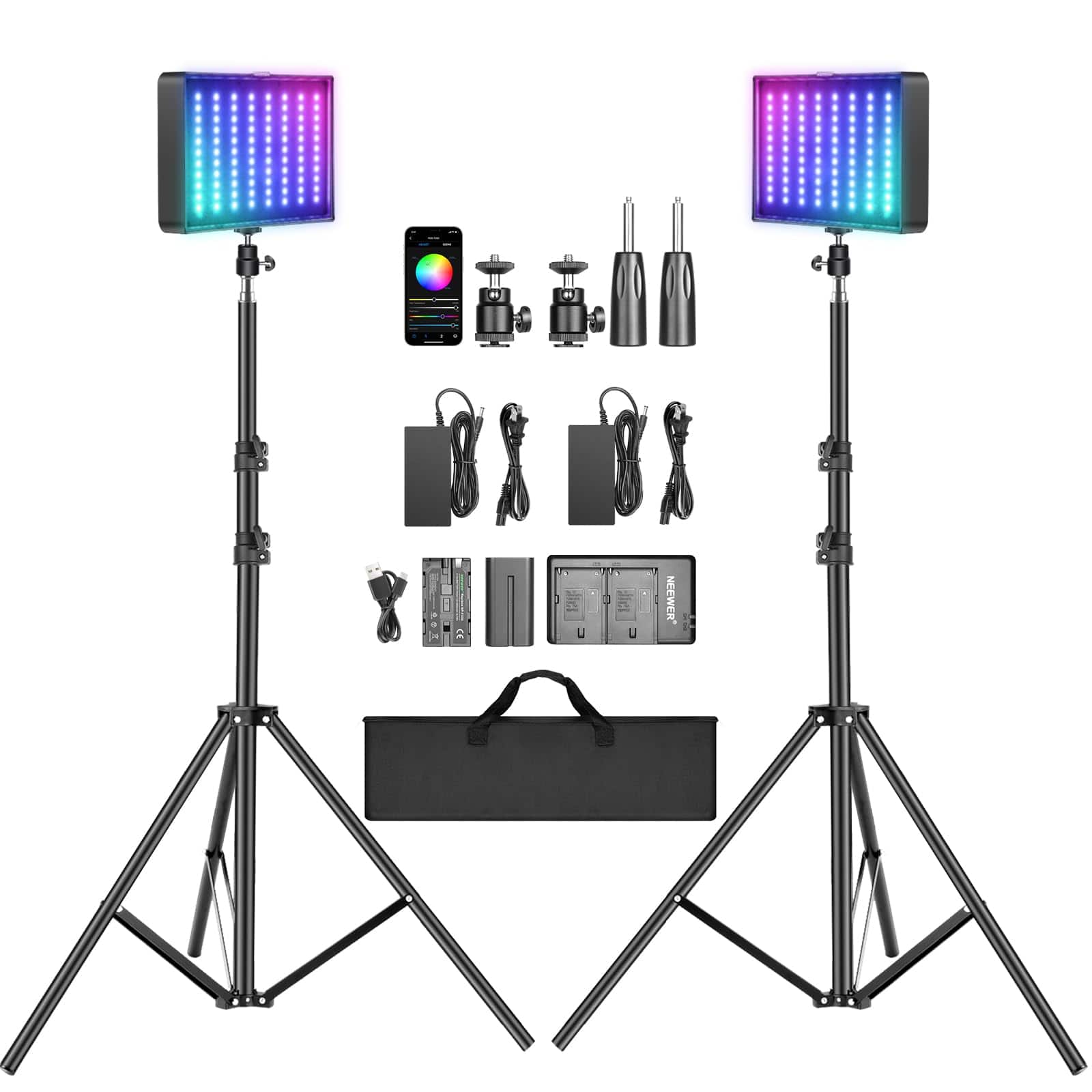 Neewer - 2-Pack RGB Video Light Kit with Tripods & NP-F550 Batteries, APP Control, RGB-P280