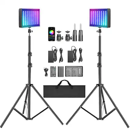 Front. Neewer - 2-Pack RGB Video Light Kit with Tripods & NP-F550 Batteries, APP Control, RGB-P280.