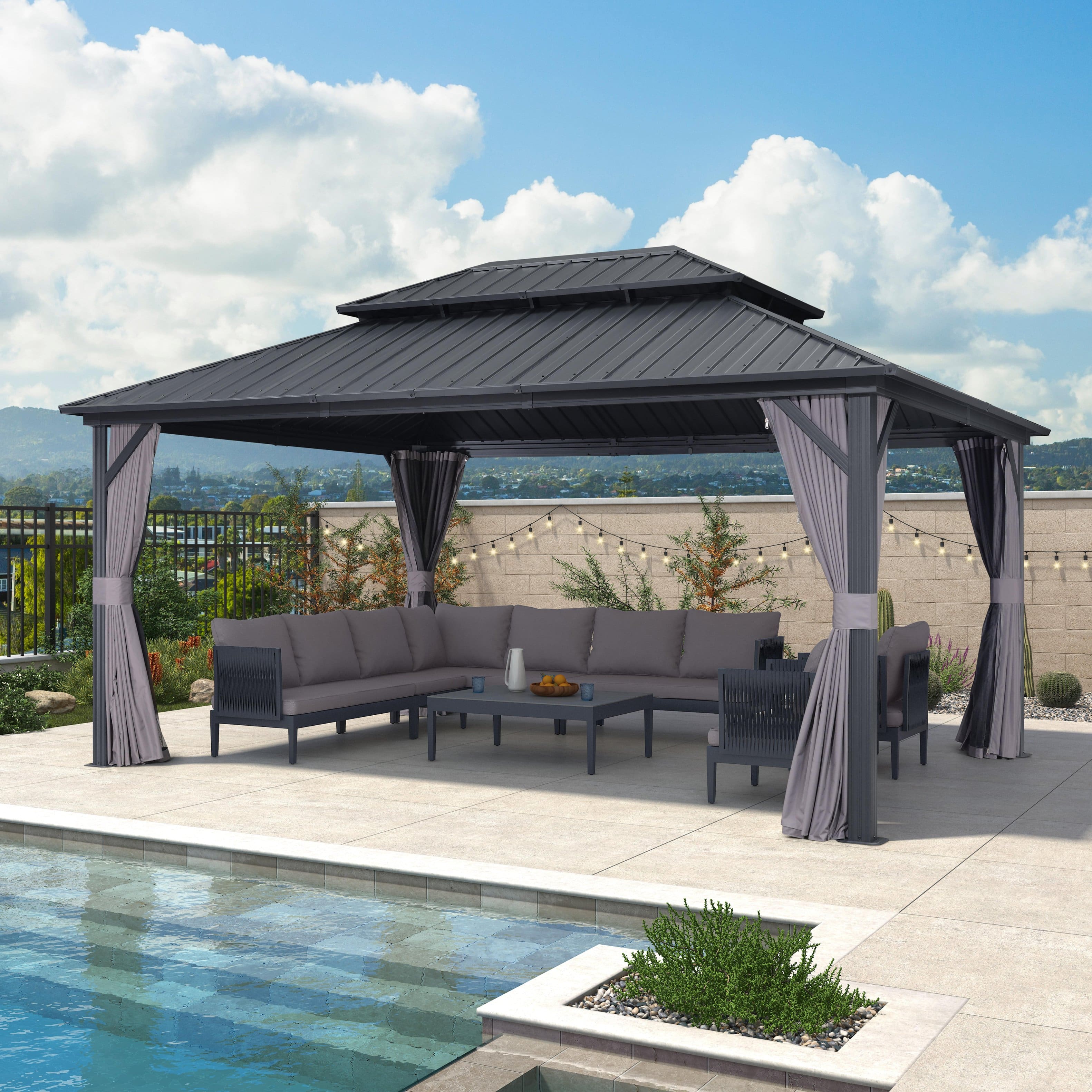 PURPLE LEAF - Outdoor Aluminum Hardtop Gazebo with Galvanized Steel Double Roof for Patio Deck with Netting and Curtains - 12' X 16'