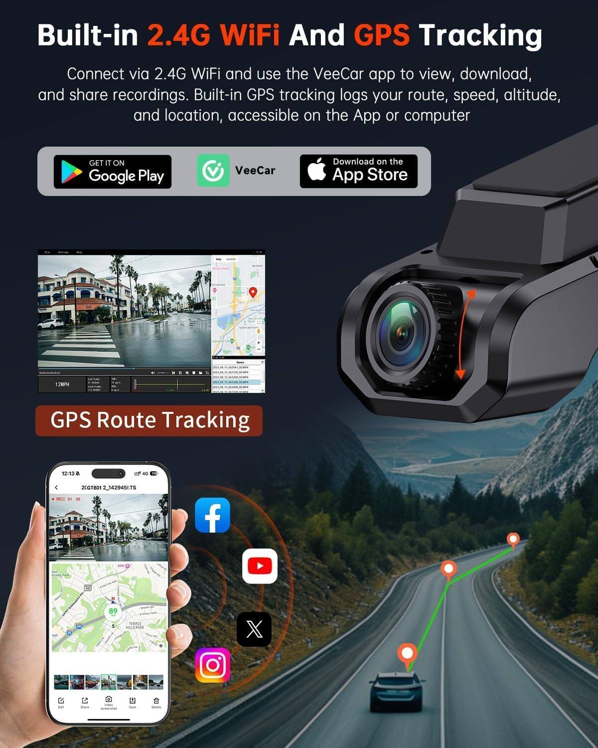 E YEEGER 4K+1080P Front and Rear Dash Cam for Cars, Built in WiFi and ...