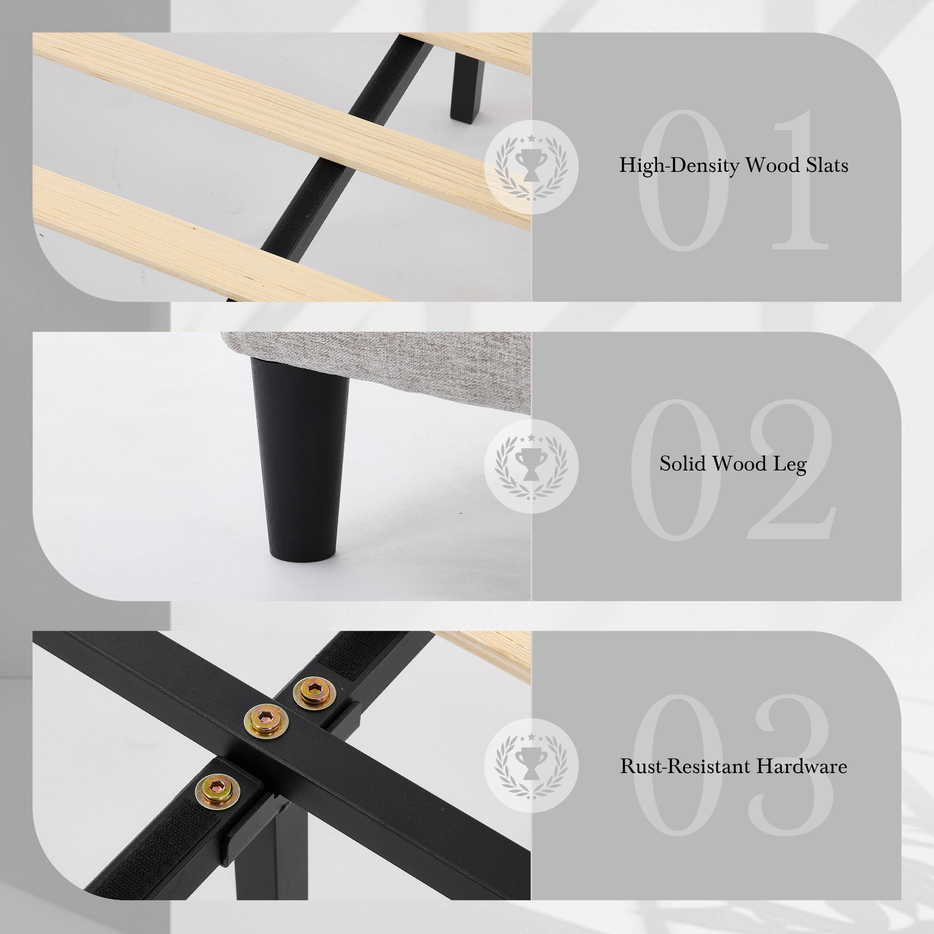 High-Density Wood Slats  
Solid Wood Leg  
Rust-Resistant Hardware